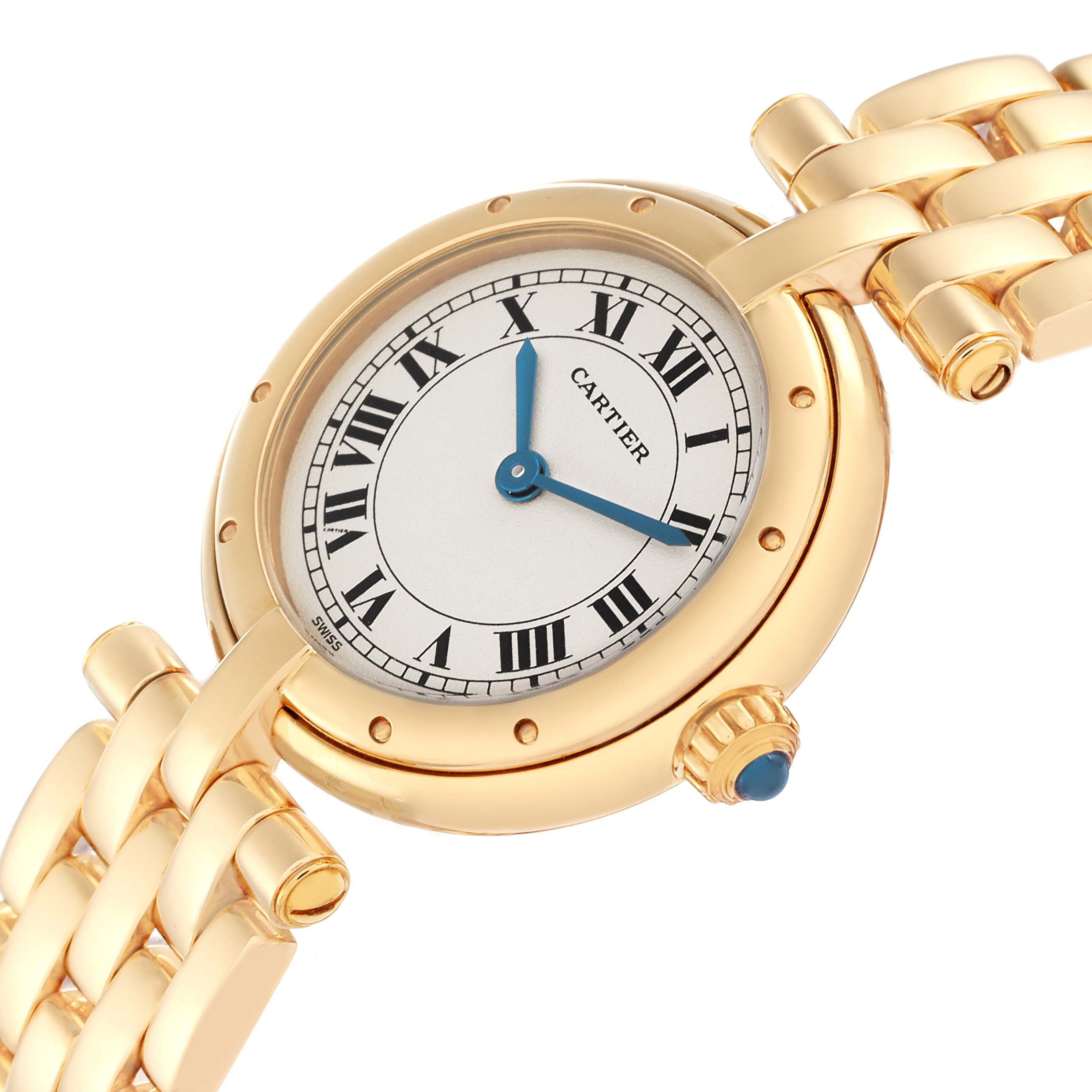 The Cartier Panthere model 72634 men
s watch is shown at an angle highlighting its round face, Roman numerals, blue hands, and gold bracelet.