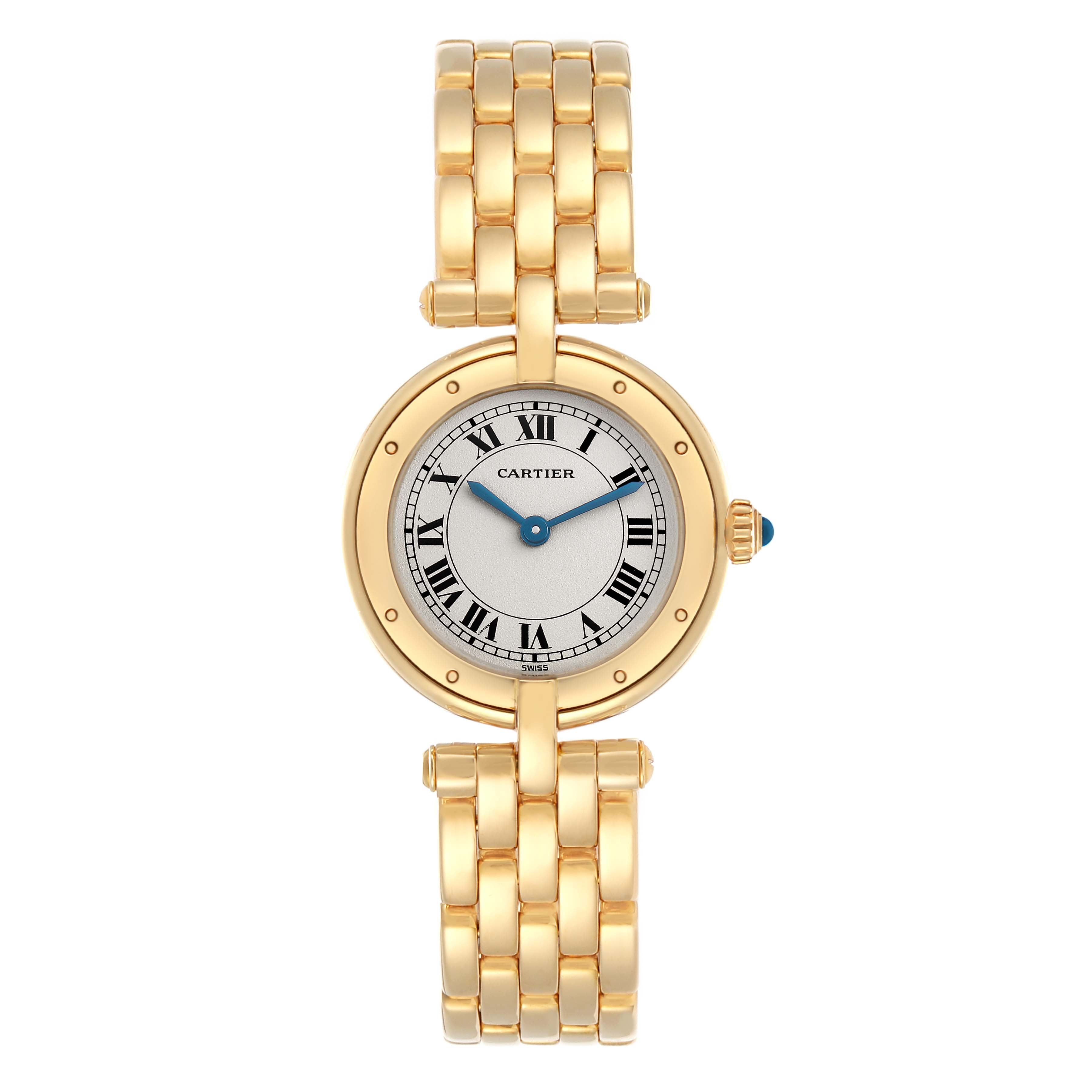 The Cartier Panthere model number 72634 men
s watch is shown from a top-down angle, highlighting its full face, gold links, and distinctive blue cabochon crown.