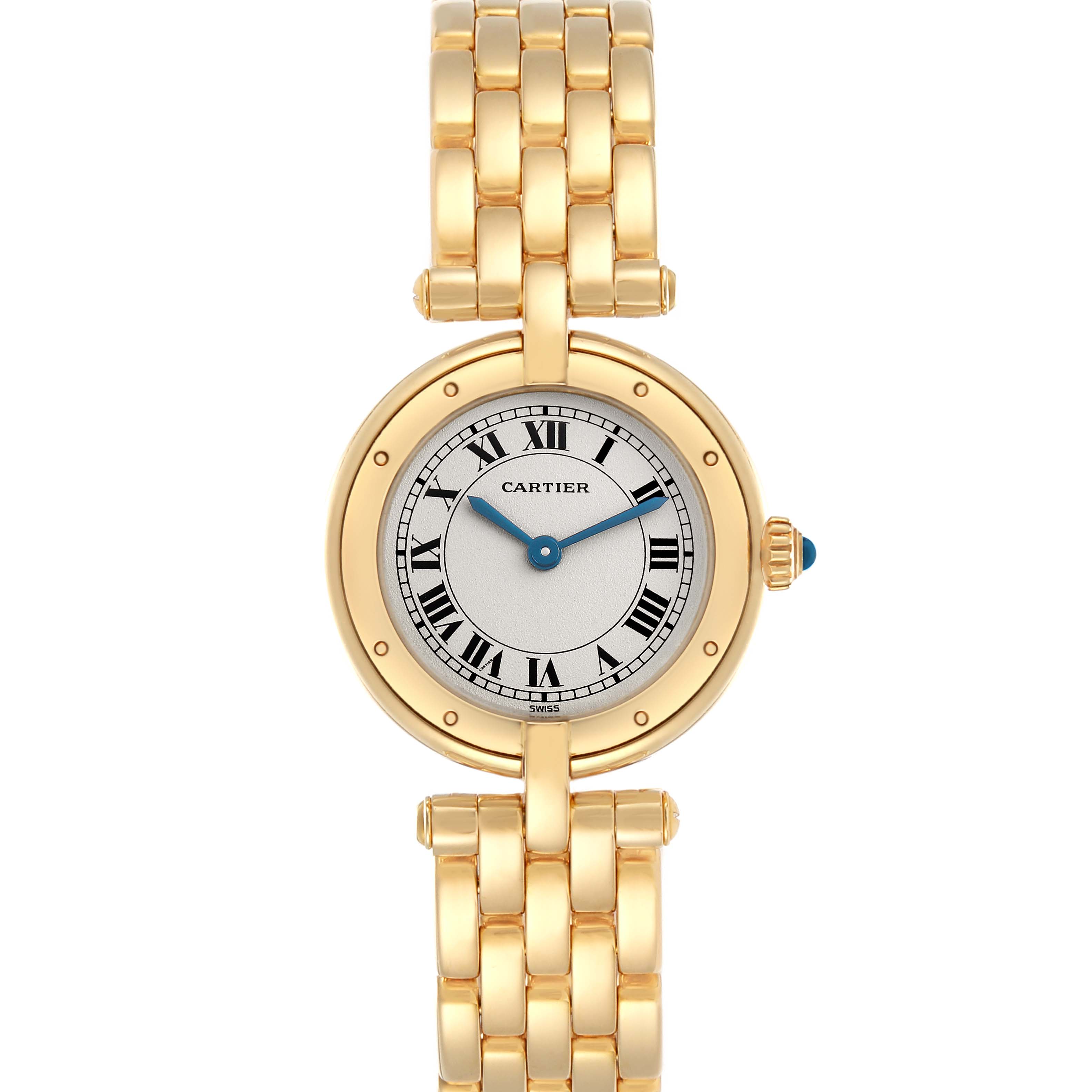 The Cartier Panthere watch, model number 72634, is shown from a top view, highlighting its round face, Roman numeral dial, and gold bracelet.