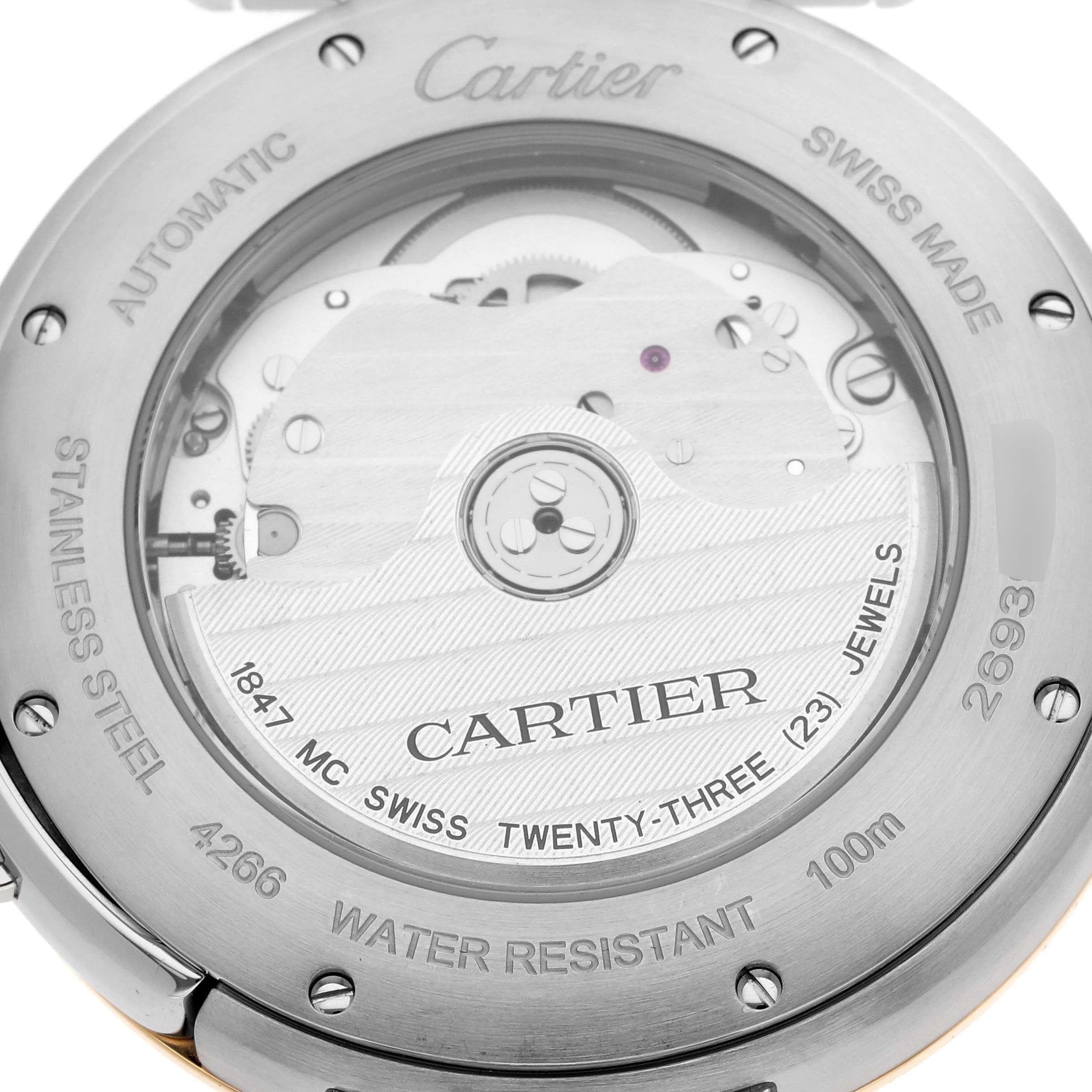 The image displays the back view of the Cartier Pasha model W2PA0009 men
s watch, highlighting its automatic movement and water resistance details.
