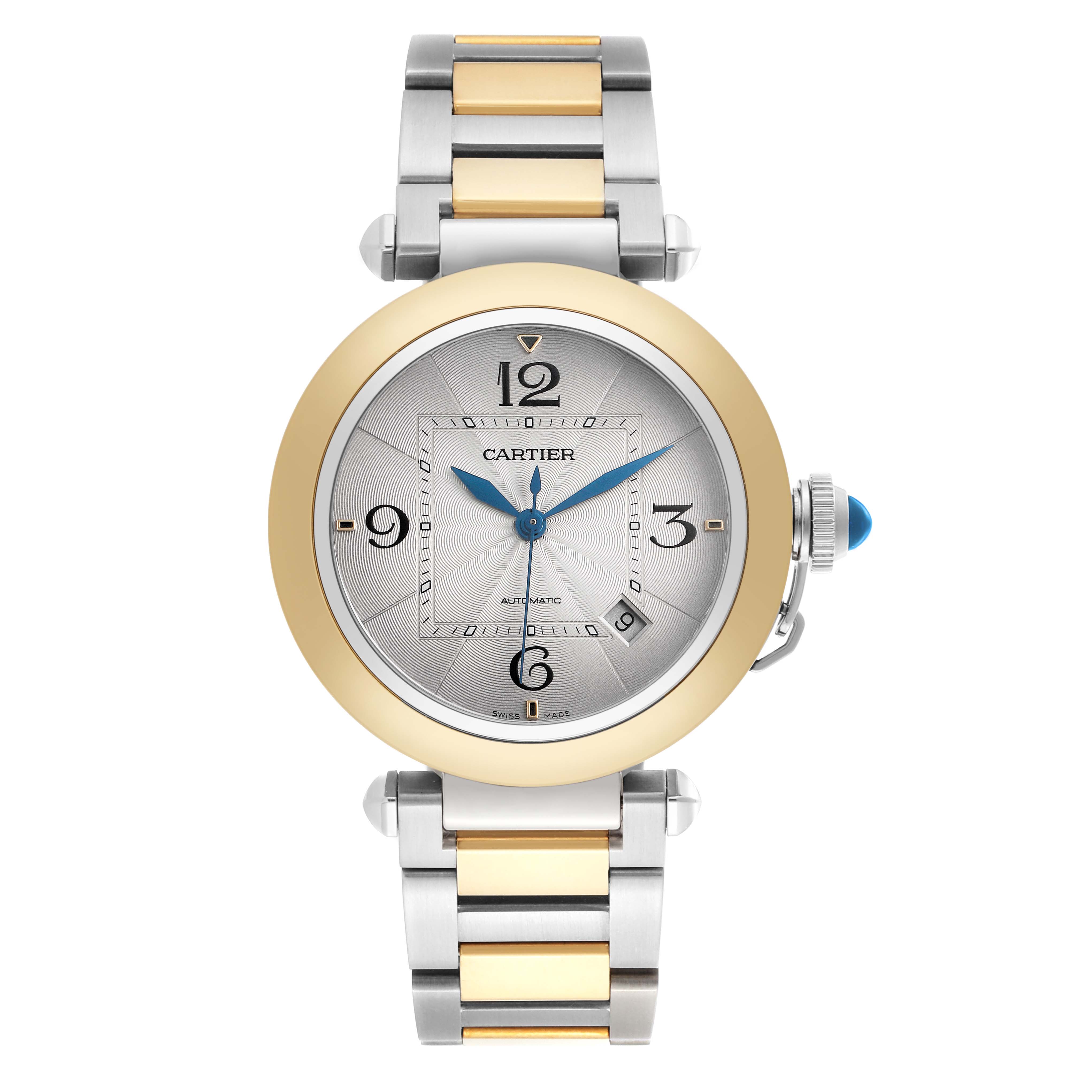 The Cartier Pasha model W2PA0009 watch is shown from a top-down angle, highlighting its silver and gold bracelet, round bezel, and distinctive dial features.