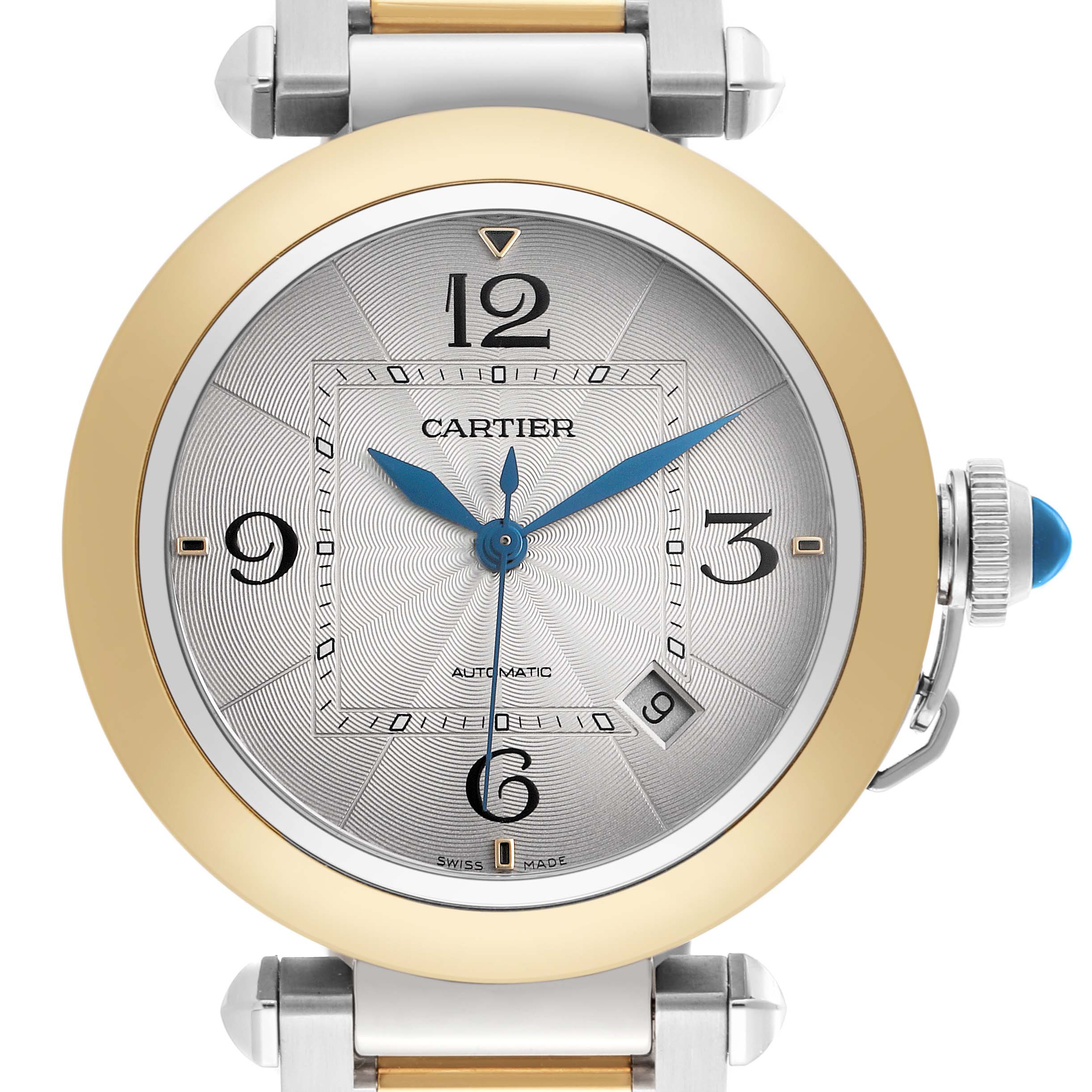 The image shows a Cartier Pasha model W2PA0009 men
s watch from the front, highlighting its dial, hands, numerals, bezel, and crown.