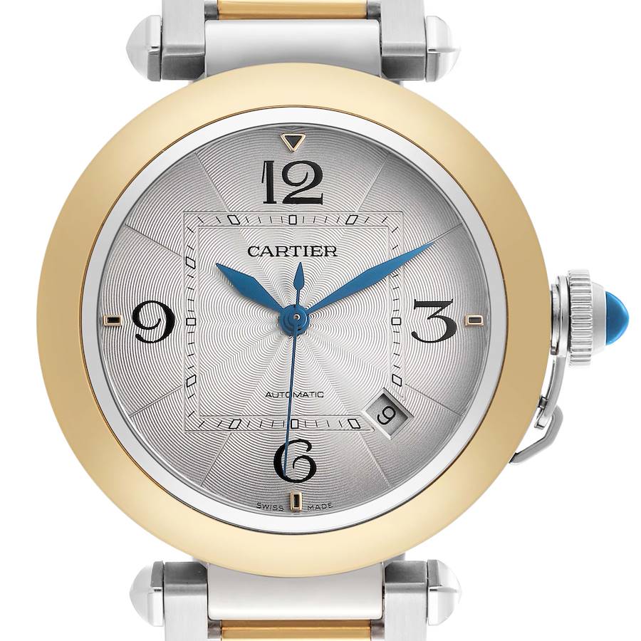 The image shows a Cartier Pasha model W2PA0009 men
s watch from the front, highlighting its dial, hands, numerals, bezel, and crown.