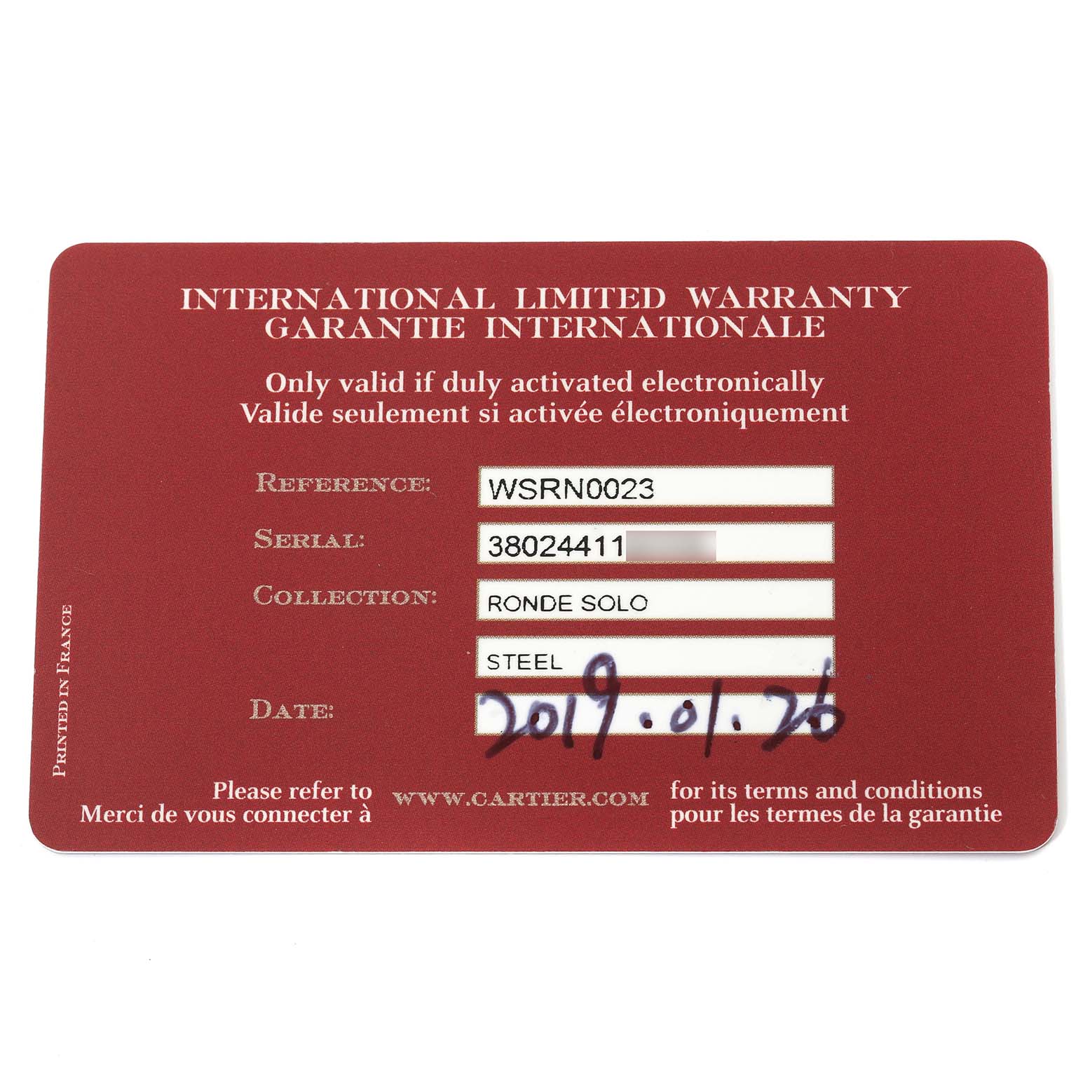 This is the International Limited Warranty card for the Cartier Ronde WSRN0023 Men's Stainless Steel Blue Dial WSRN0023 Men's Stainless Steel Blue Dial Solo watch, displaying reference, serial number, collection, material, and purchase date.