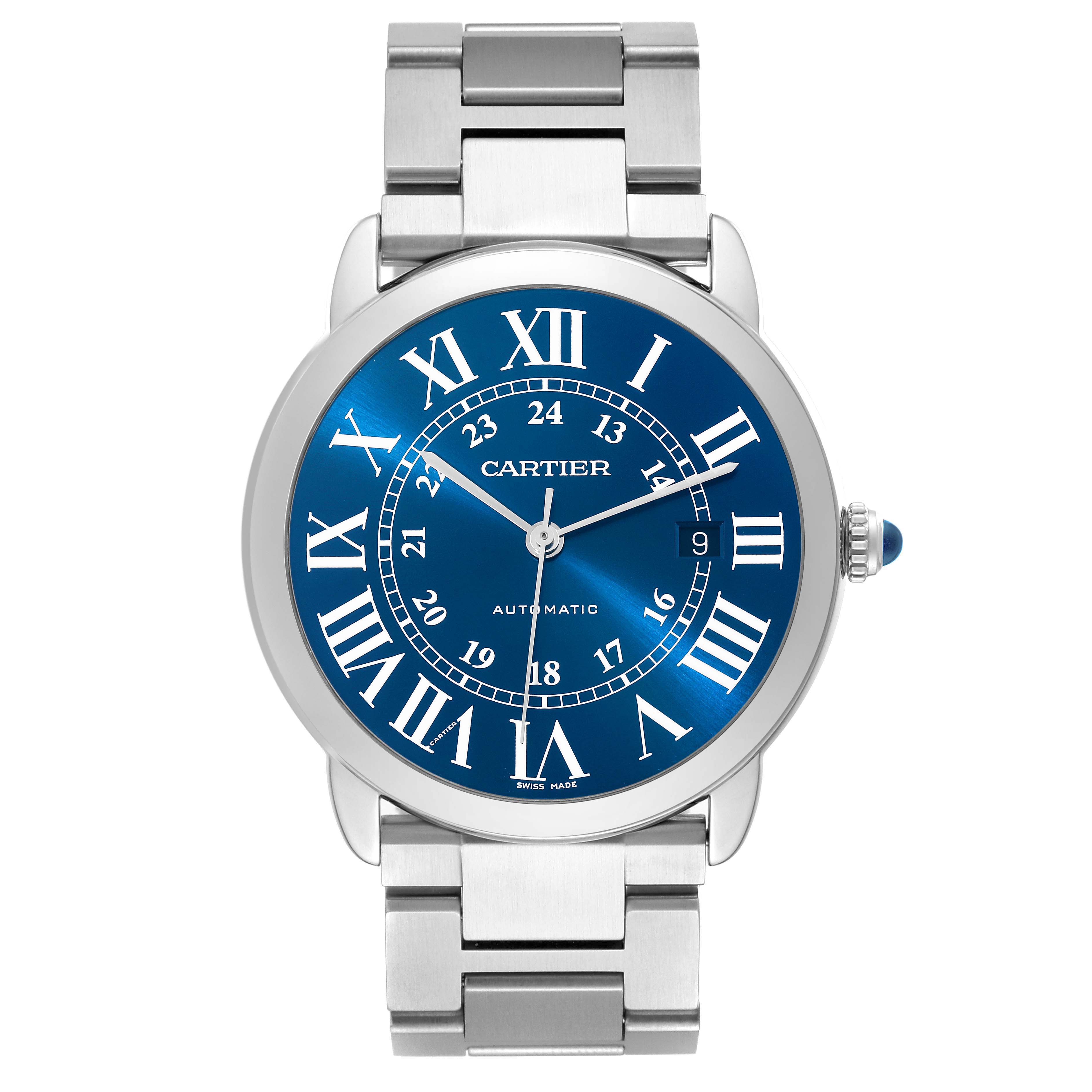 The Ronde model by Cartier is shown from the front, highlighting its blue face, roman numerals, and stainless steel band.