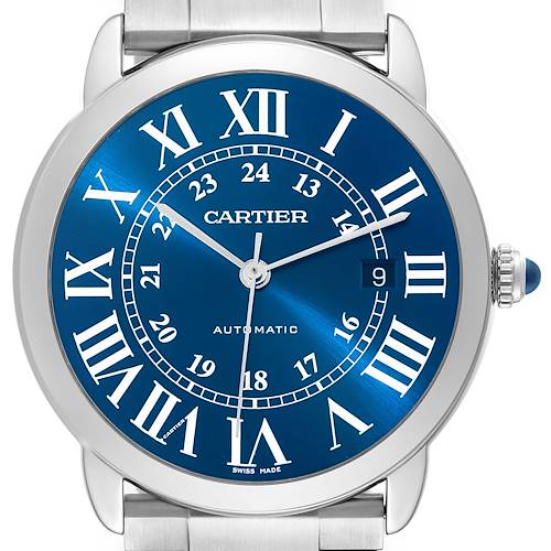 The image shows a frontal close-up view of the Cartier Ronde watch face, displaying its blue dial, Roman numerals, and date window.