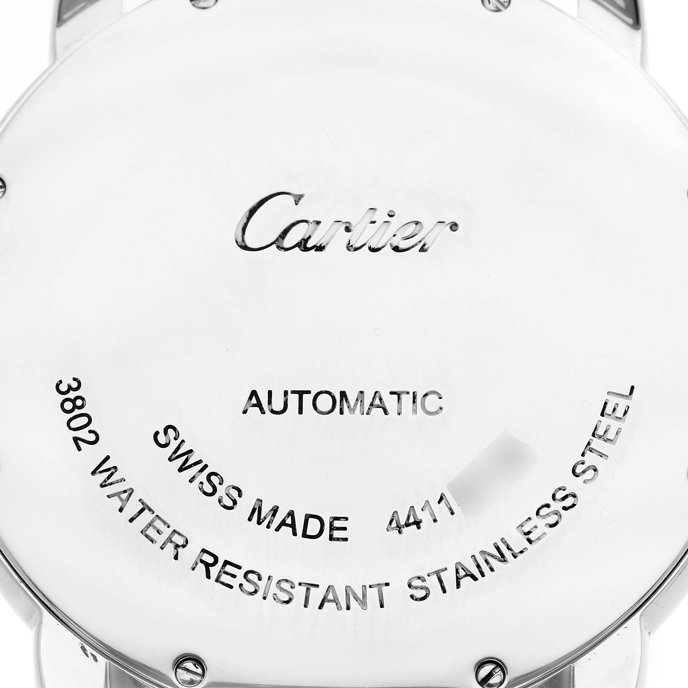 This image shows the back case of a Cartier Ronde WSRN0023 Men's Stainless Steel Blue Dial WSRN0023 Men's Stainless Steel Blue Dial watch, highlighting the brand name, "Automatic," "Swiss Made," and water resistance details.