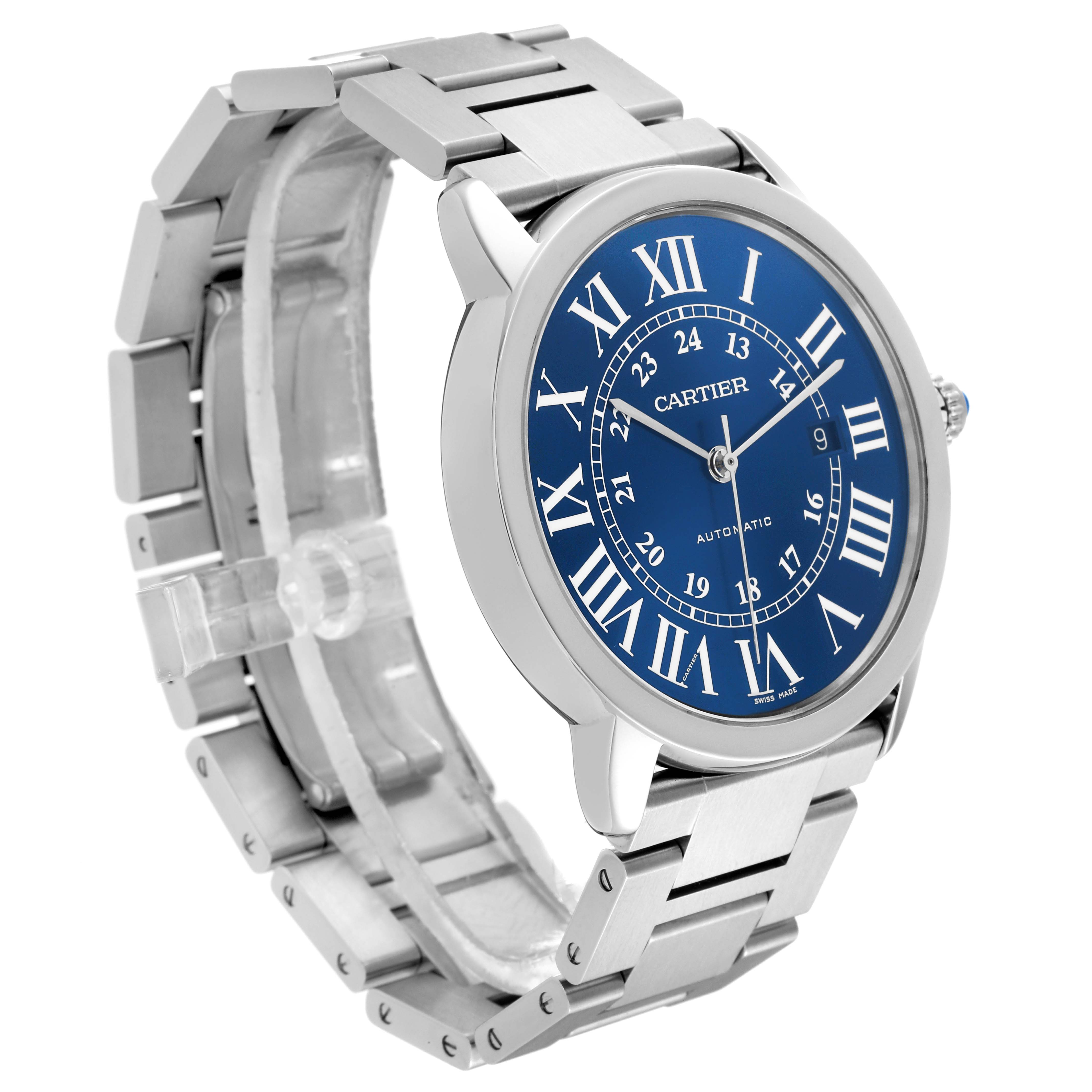 This image shows a side-angle view of the Cartier Ronde WSRN0023 Men's Stainless Steel Blue Dial WSRN0023 Men's Stainless Steel Blue Dial model watch, highlighting its blue dial and metallic band.