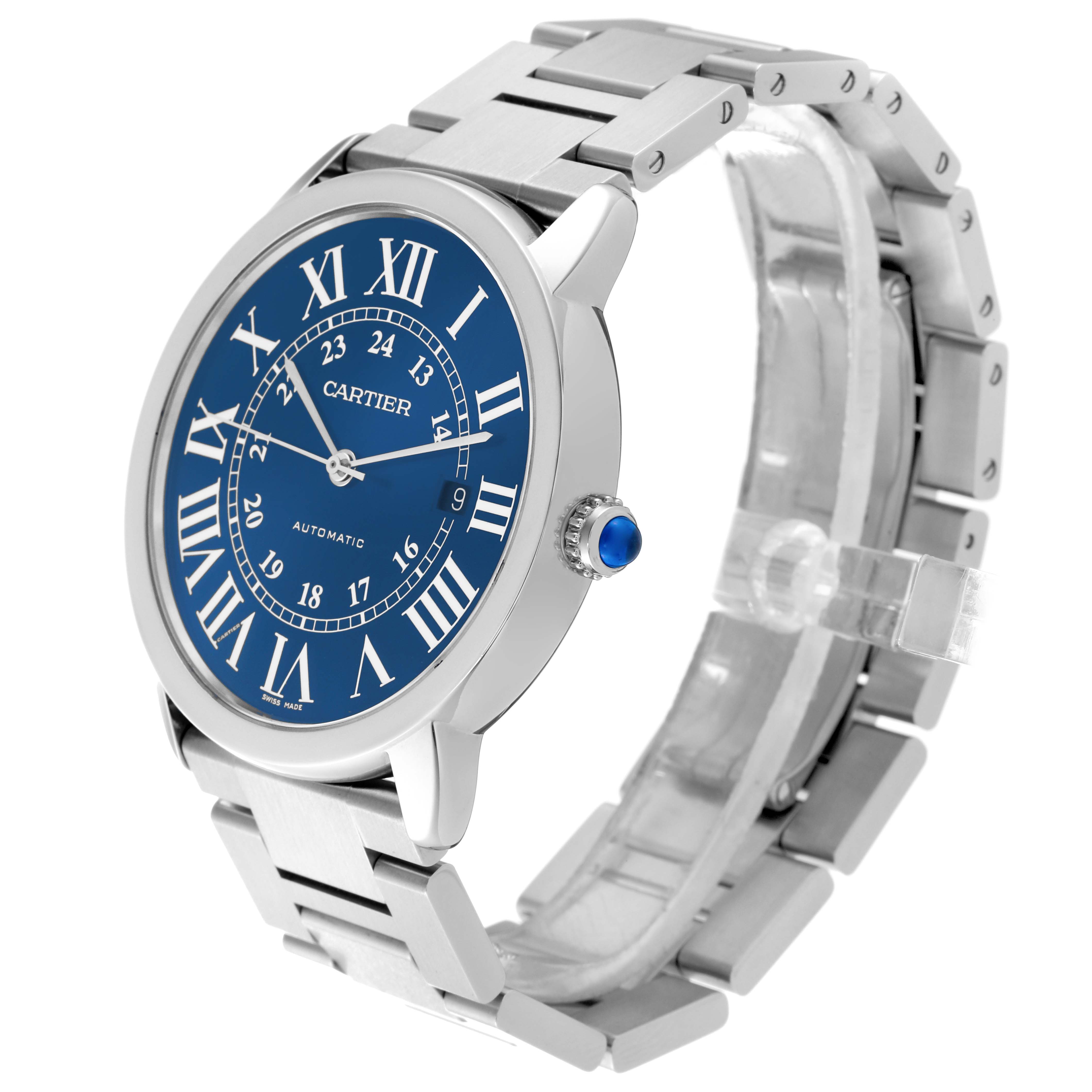 The image shows a Cartier Ronde WSRN0023 Men's Stainless Steel Blue Dial WSRN0023 Men's Stainless Steel Blue Dial watch at a left-side angle, displaying its blue dial, metal band, and crown with a blue cabochon.