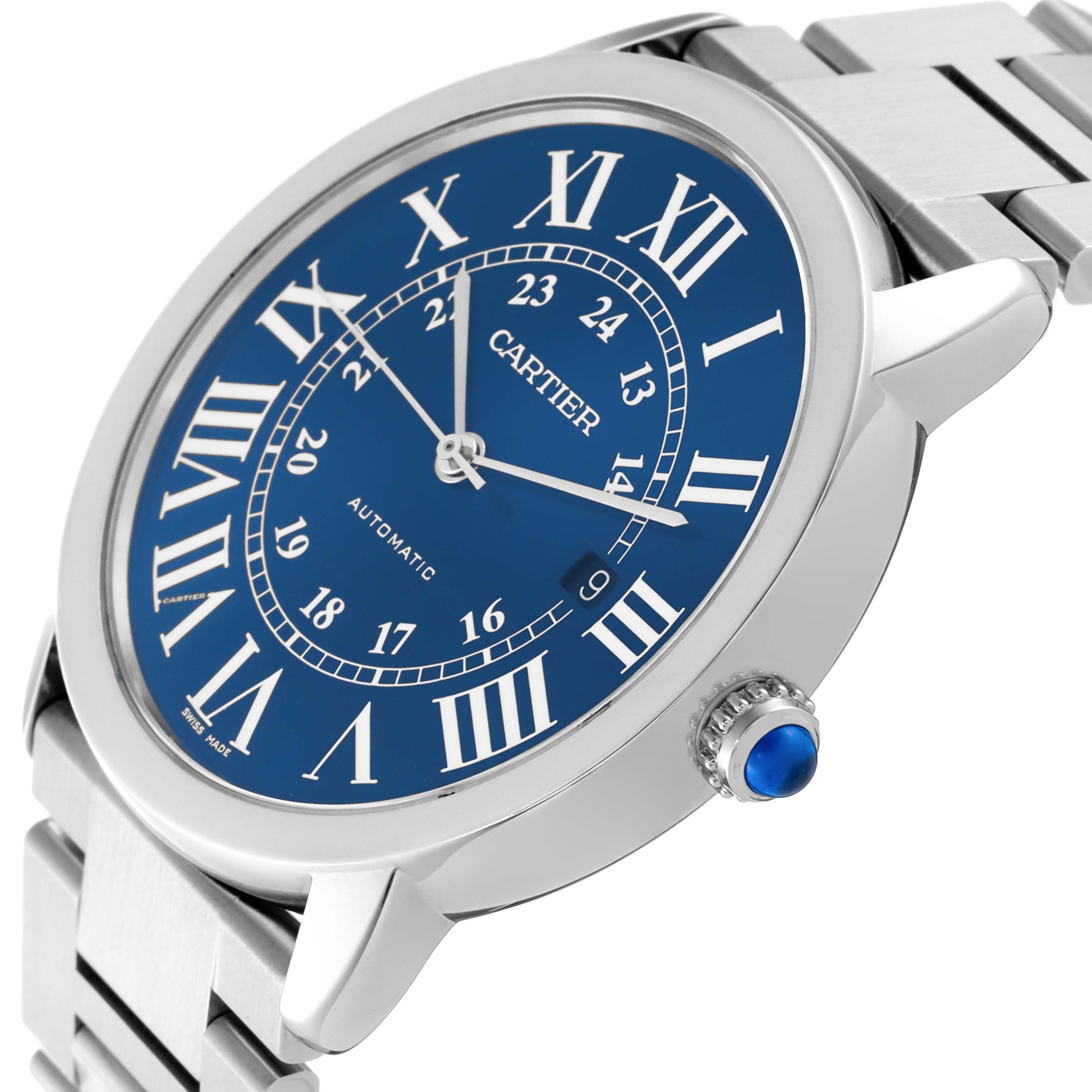 This image shows a close-up side angle of the Cartier Ronde WSRN0023 Men's Stainless Steel Blue Dial WSRN0023 Men's Stainless Steel Blue Dial watch, highlighting the blue dial, Roman numerals, and crown.