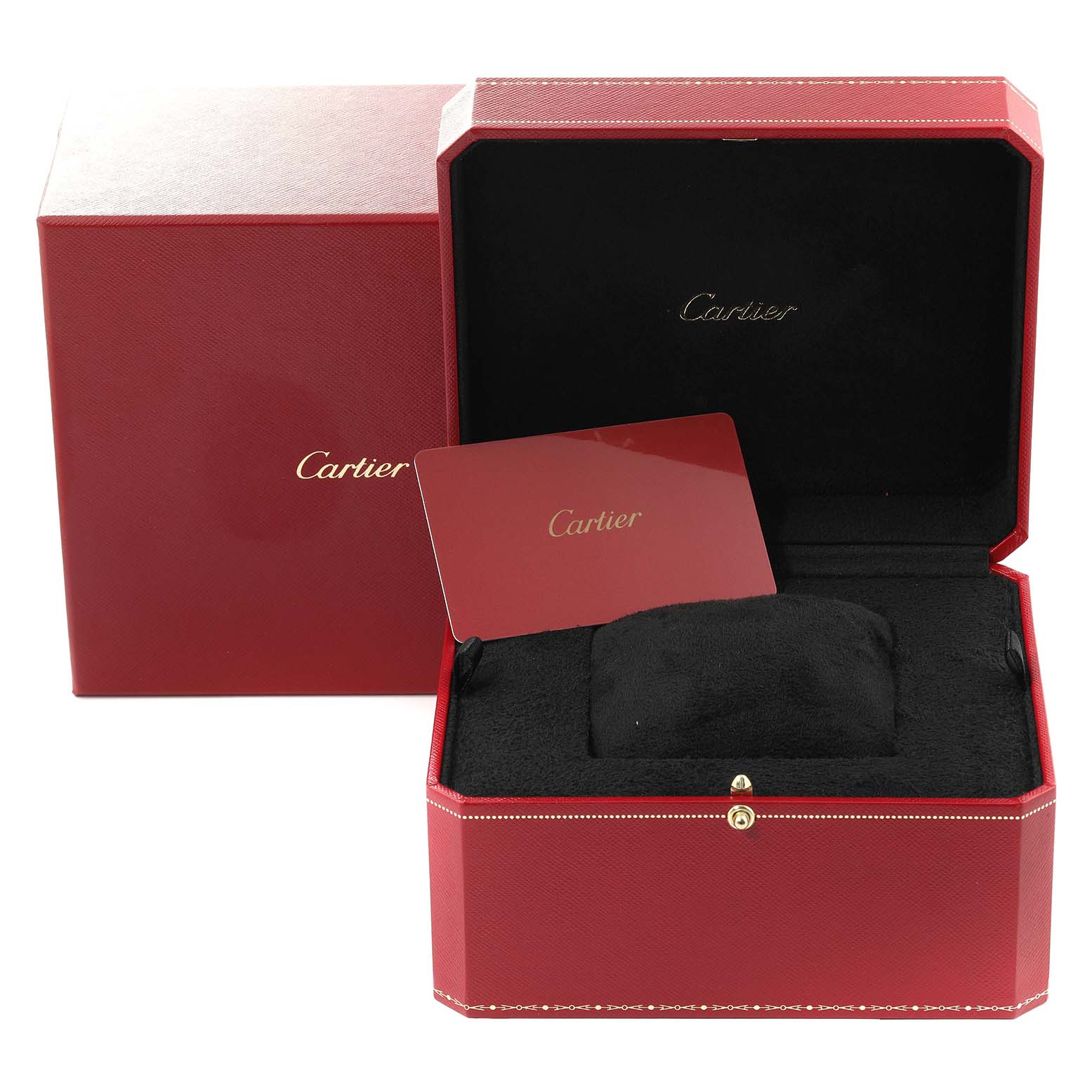 The image shows the packaging and accessories for the Ronde model by Cartier, including the red box, cushion, and card.