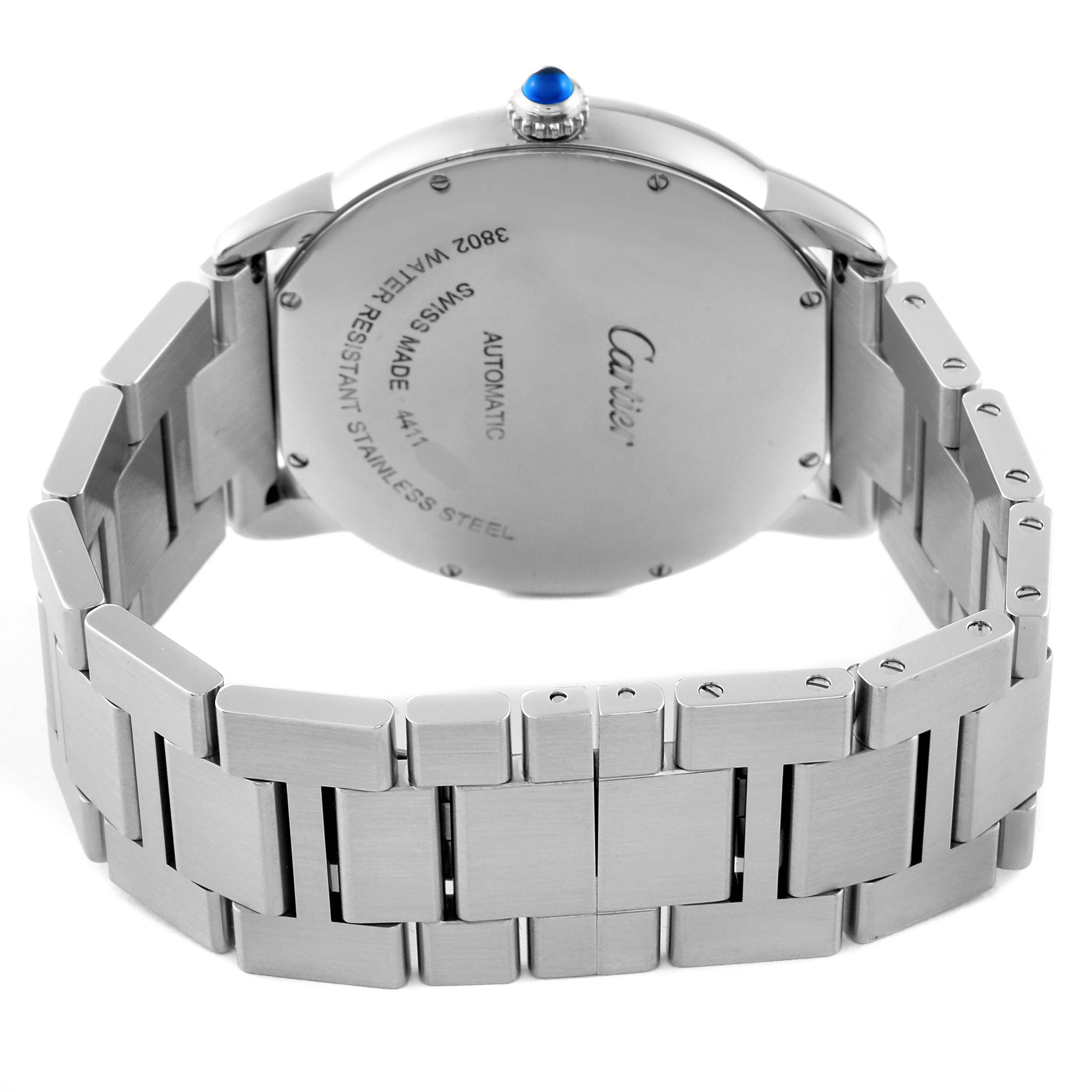 The image shows the back and bracelet of the Cartier Ronde WSRN0023 Men's Stainless Steel Blue Dial WSRN0023 Men's Stainless Steel Blue Dial watch, highlighting the stainless steel case and blue cabochon crown.