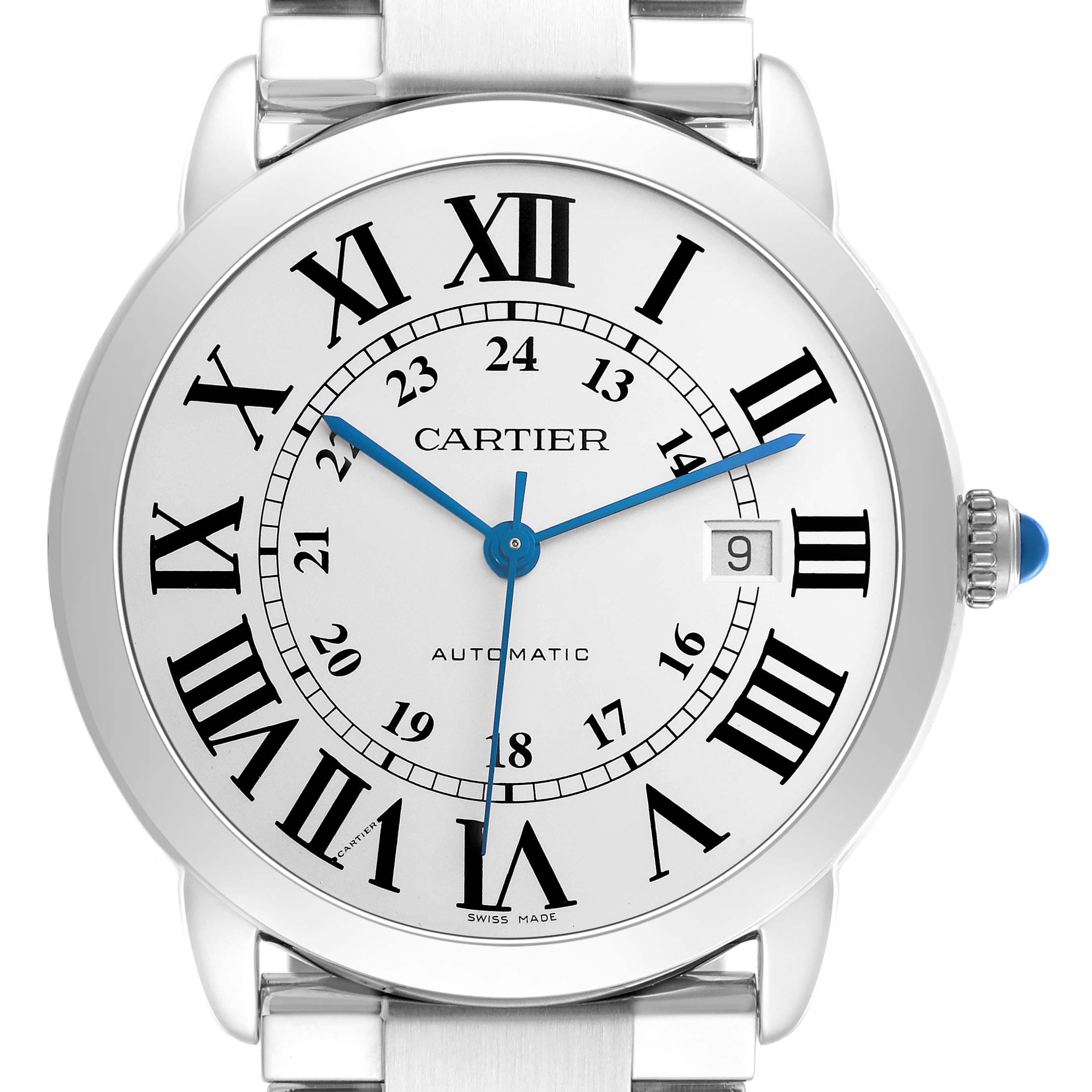 The Cartier Ronde W6701011 watch is shown from a front angle, highlighting the dial, hands, Roman numeral markers, crown, and part of the bracelet.