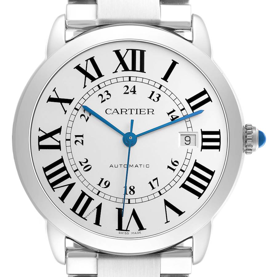 The Cartier Ronde W6701011 watch is shown from a front angle, highlighting the dial, hands, Roman numeral markers, crown, and part of the bracelet.