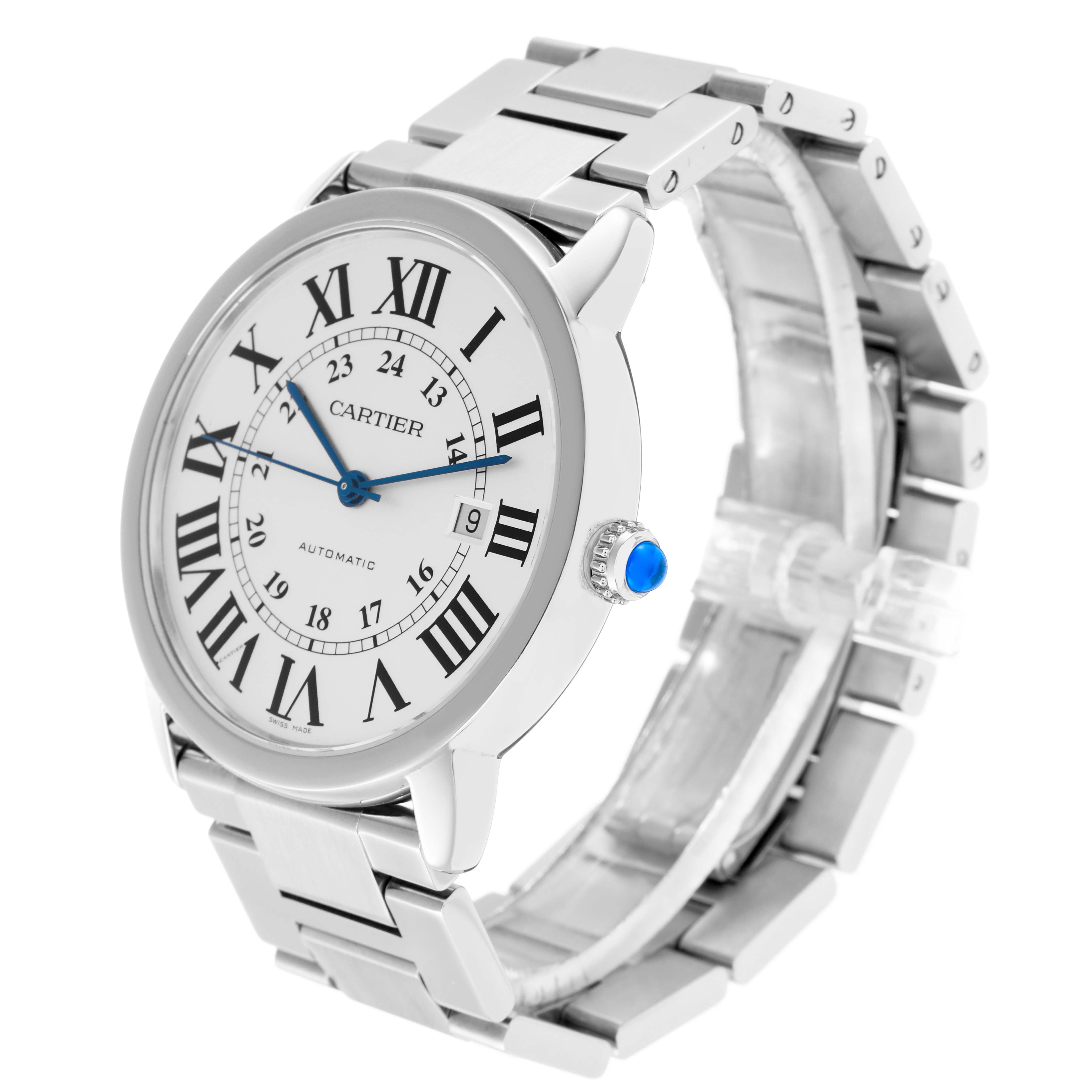 The image shows a Cartier Ronde model W6701011 men
s watch at a three-quarter angle, displaying the dial, crown with blue cabochon, and metal bracelet.