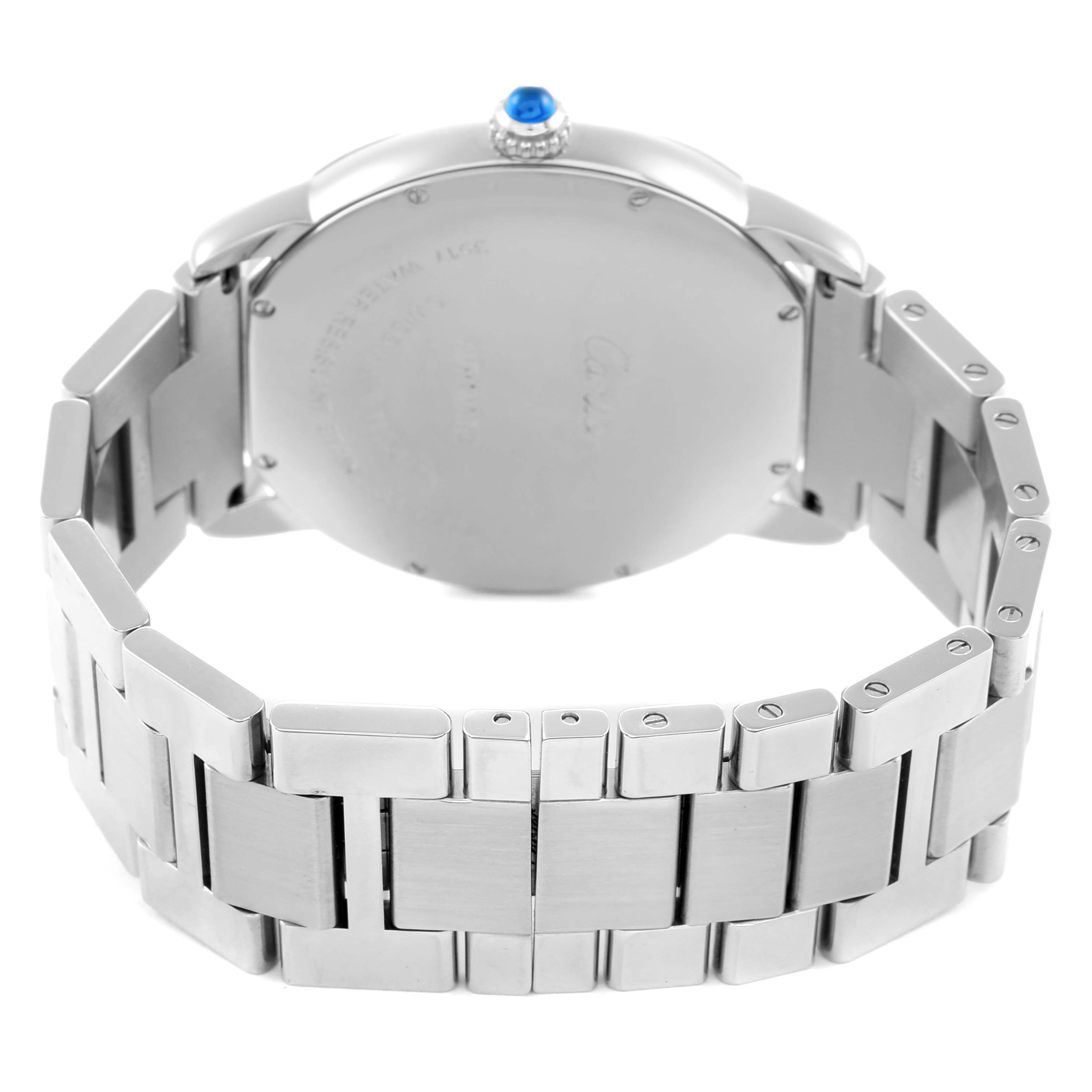 The image shows the back view of a Cartier Ronde model W6701011 men
s watch, highlighting its silver bracelet and case back.