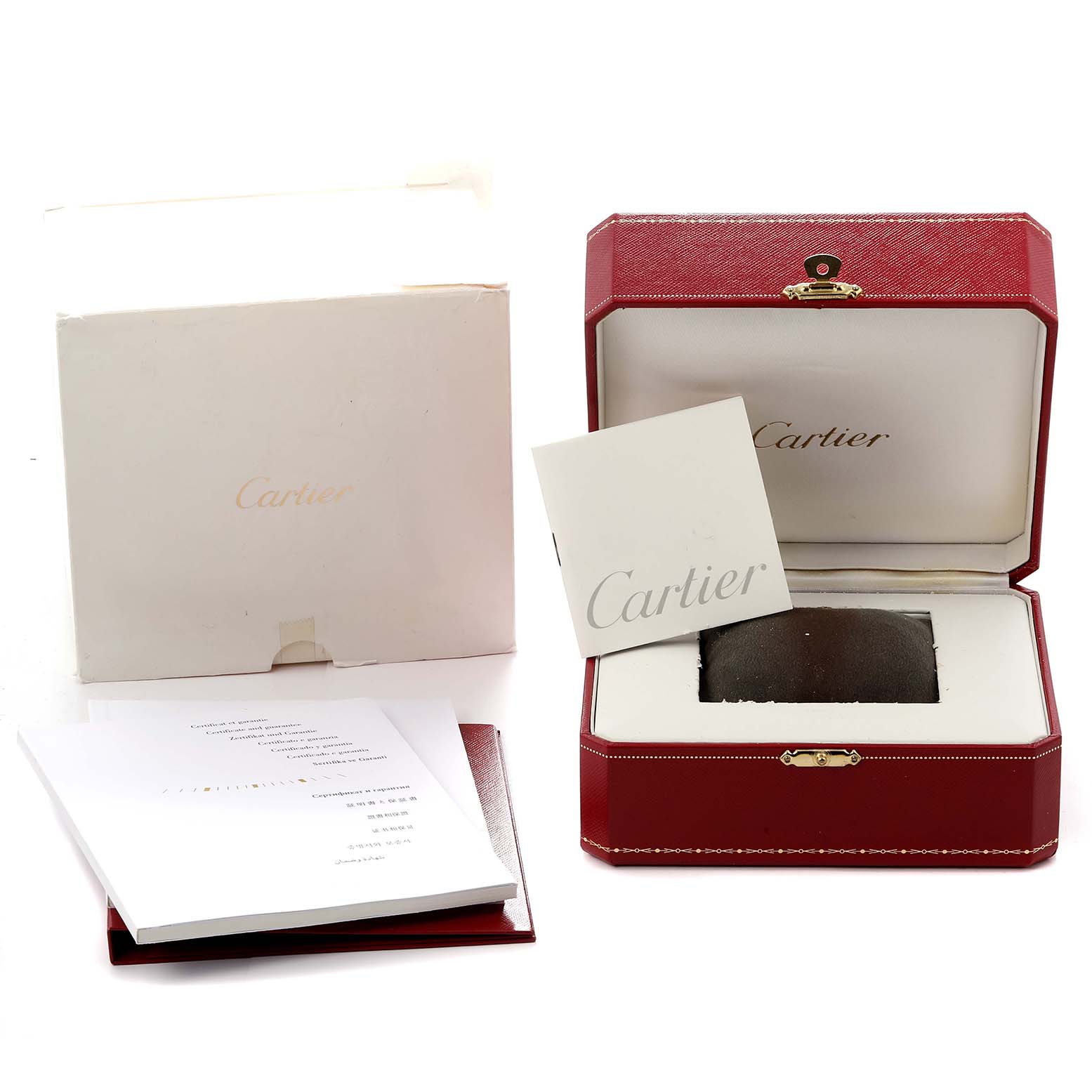 The image shows packaging for the Cartier Ronde model W6701011 men
s watch, including a red watch box, white outer box, and accompanying booklets.