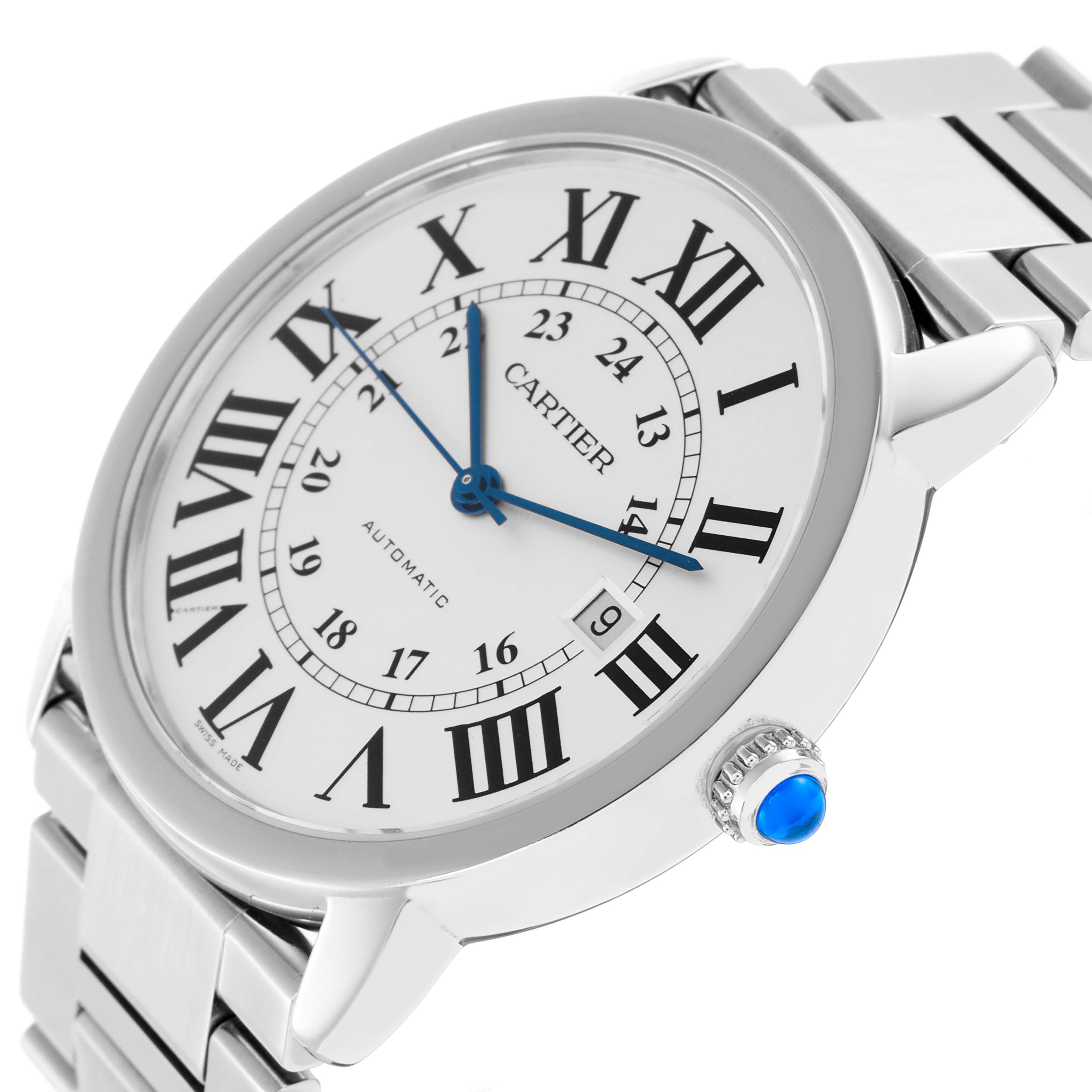 The Cartier Ronde W6701011 men
s watch is shown at an angled side view, displaying the face with Roman numerals, blue hands, bezel, and part of the bracelet.