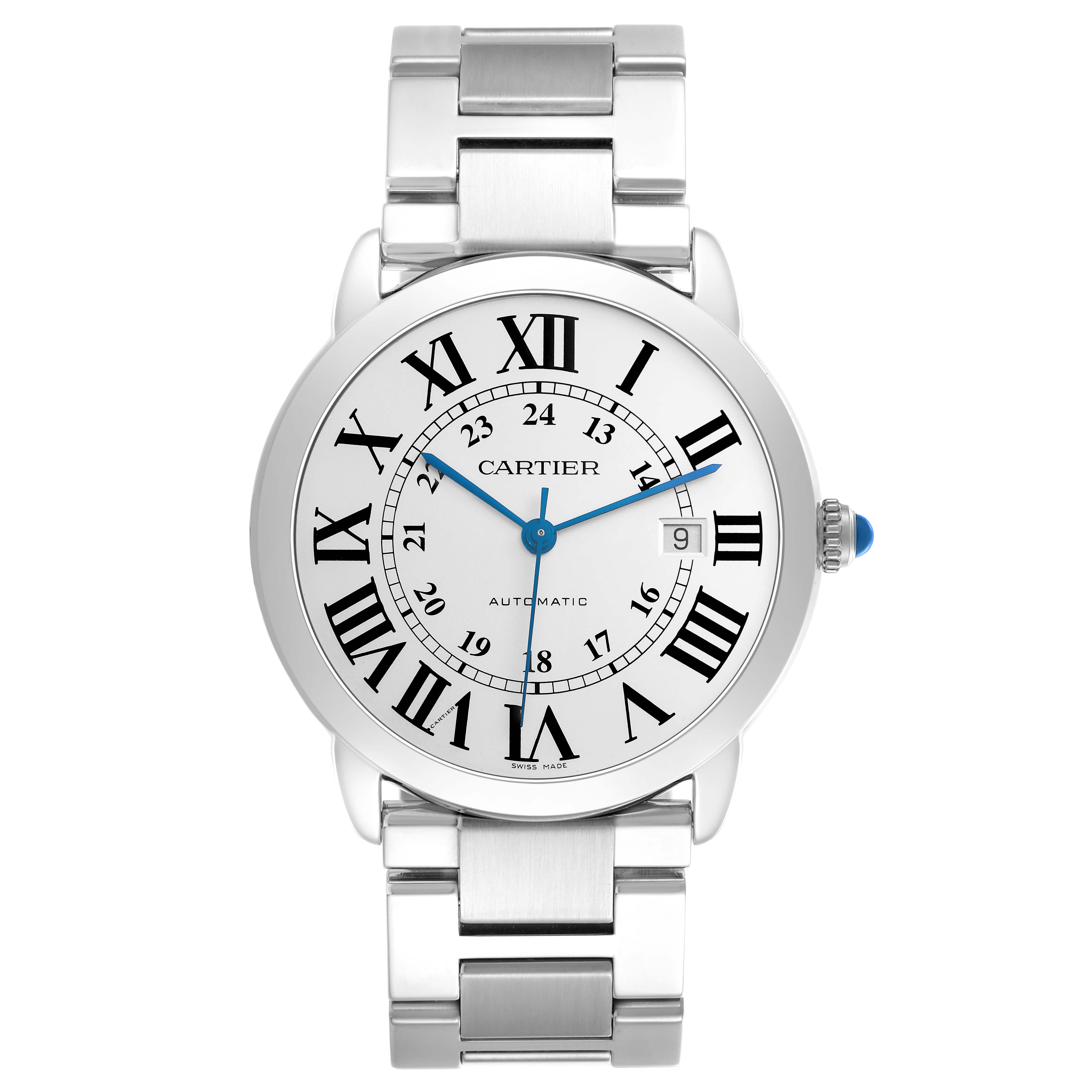 The Cartier Ronde model W6701011 watch is shown from a front angle, highlighting the dial, Roman numerals, blue hands, case, and metal bracelet.
