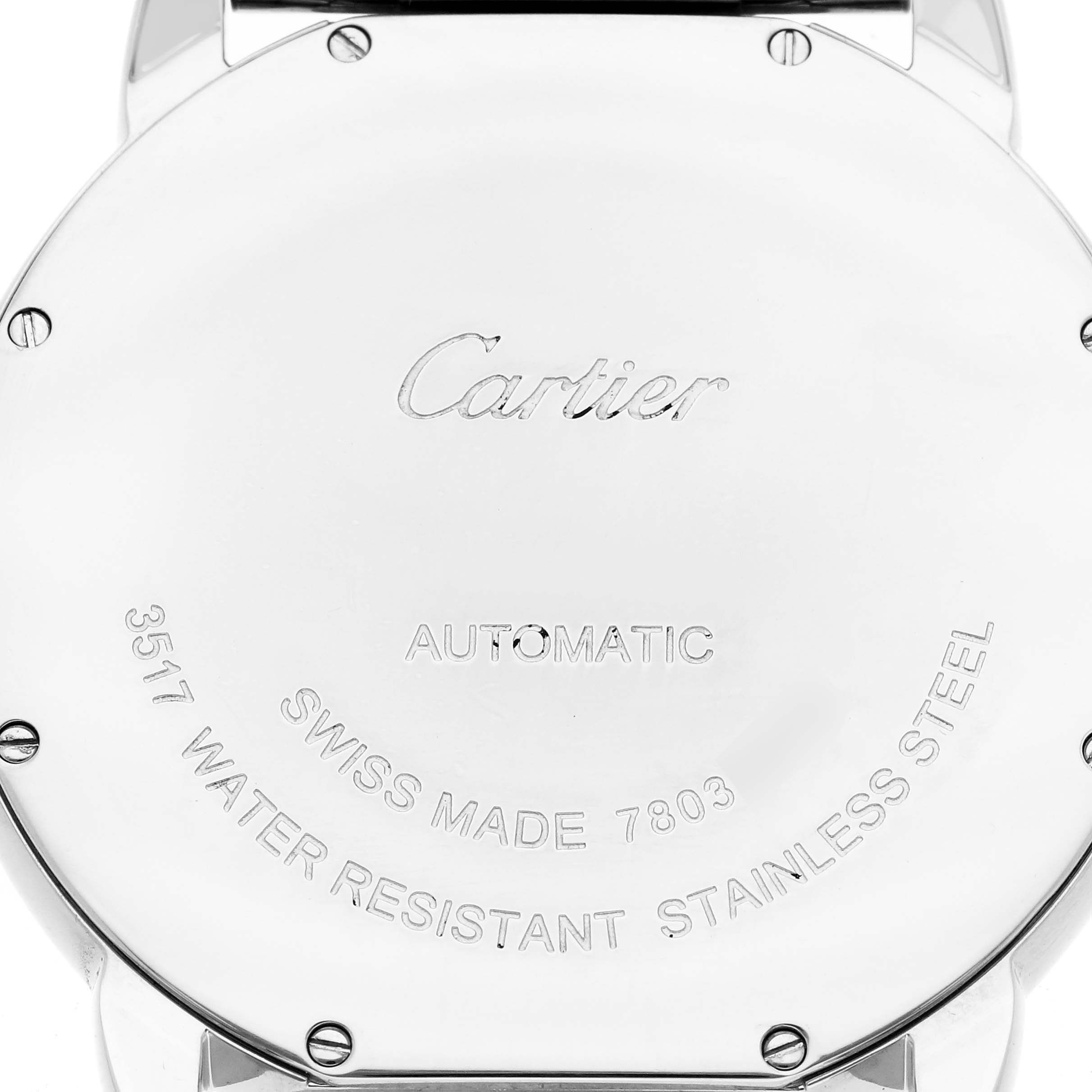 The image shows the back case of the Cartier Ronde Men
s watch, model number W6701011, highlighting its automatic movement and stainless steel composition.