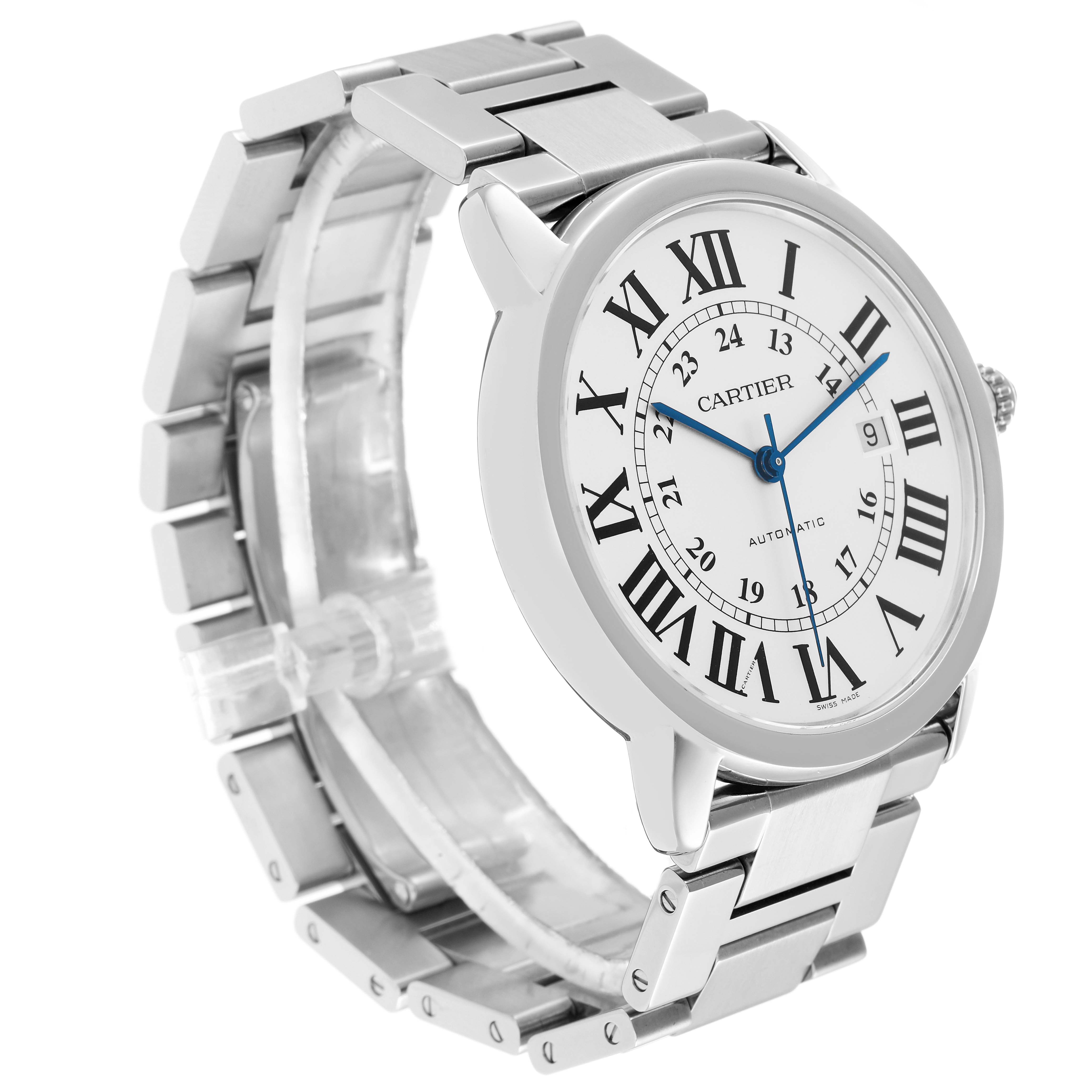 The Cartier Ronde W6701011 men
s watch is shown from a three-quarter angle, featuring the face with Roman numerals, blue hands, and part of the metal bracelet.