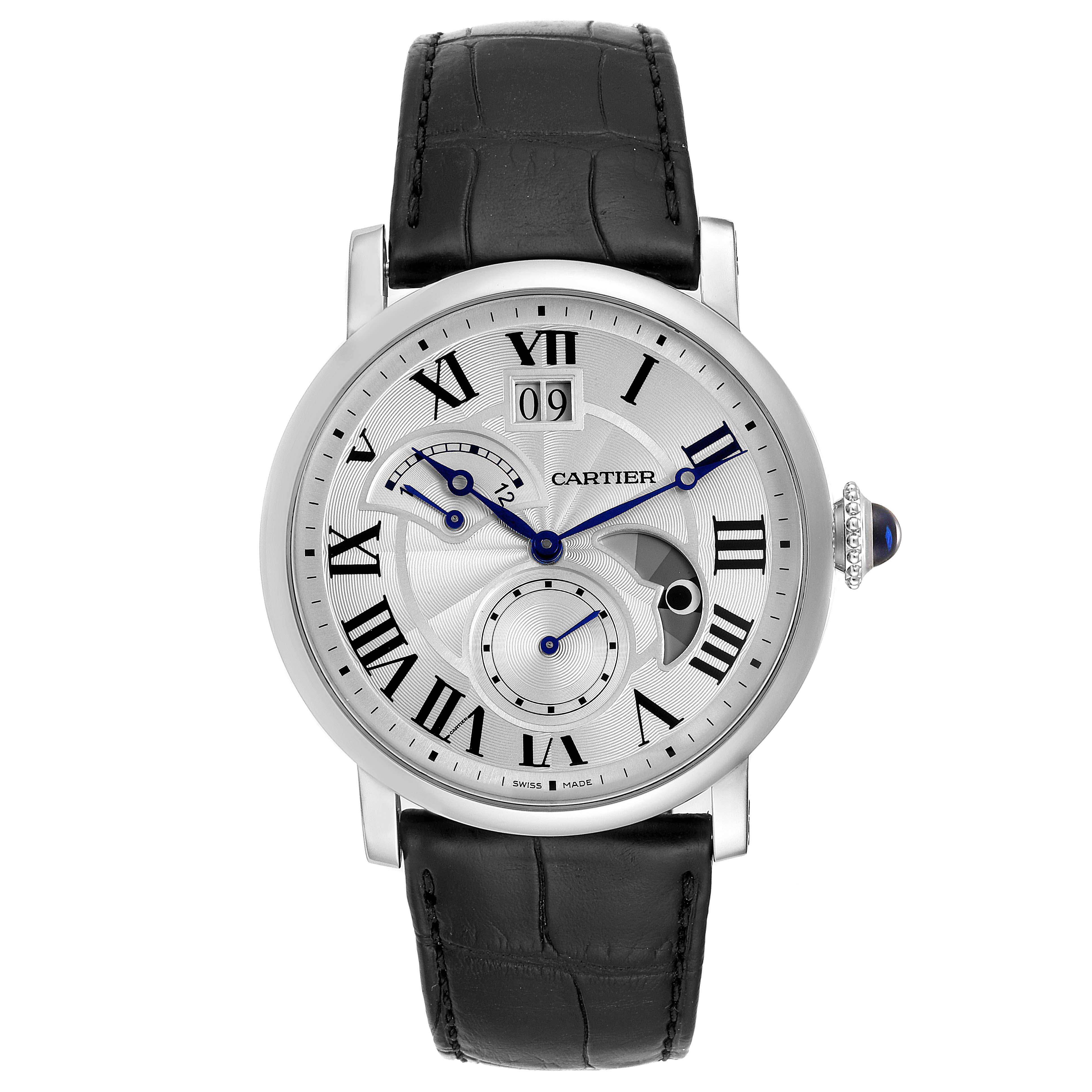 The image shows a front view of a Rotonde model watch by Cartier with a silver dial and black leather strap.