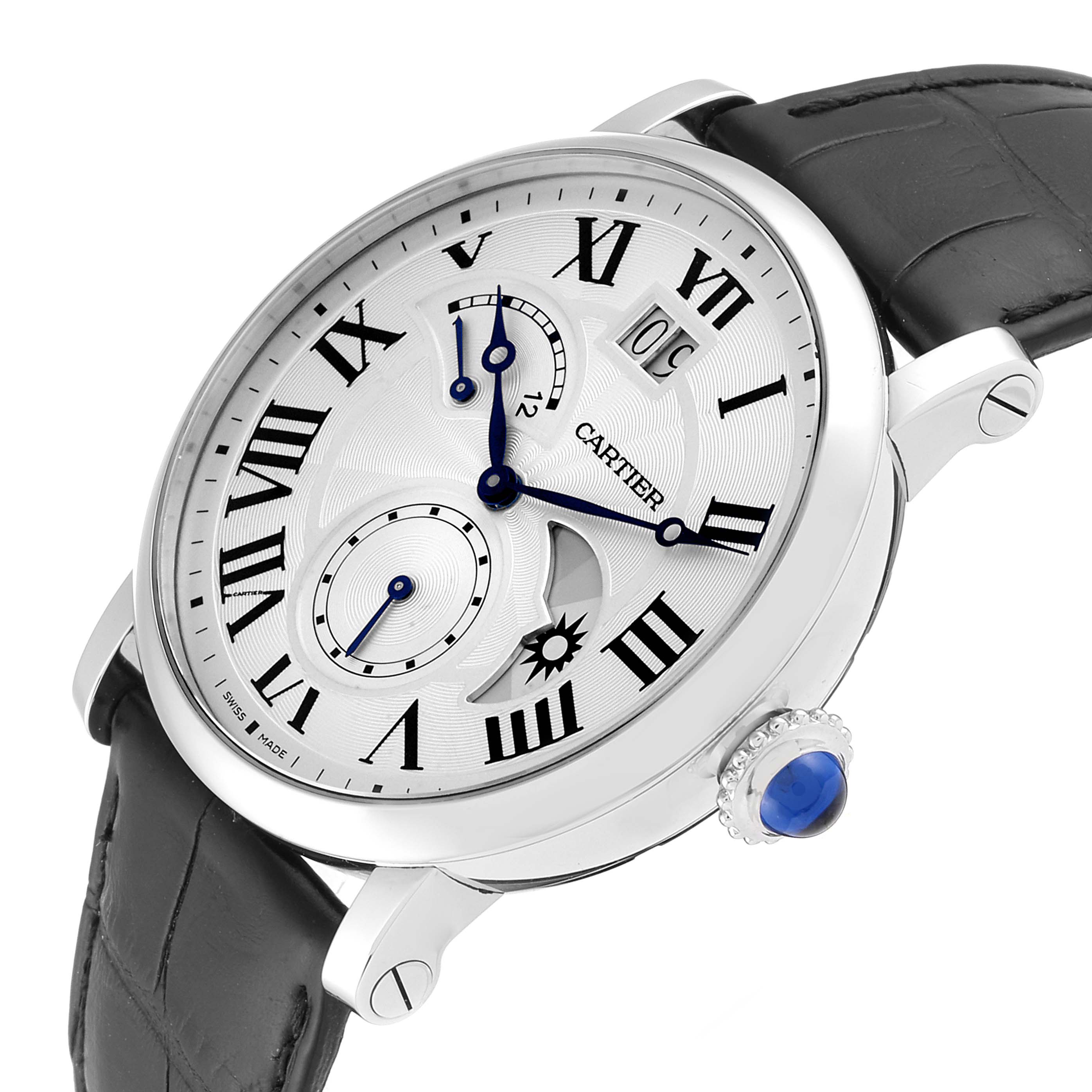The image shows a side-angle view of a Cartier Rotonde W1556368 Men's Stainless Steel Silver Dial W1556368 Men's Stainless Steel Silver Dial watch, highlighting its dial, blue hands, Roman numerals, and crown with a sapphire cabochon.
