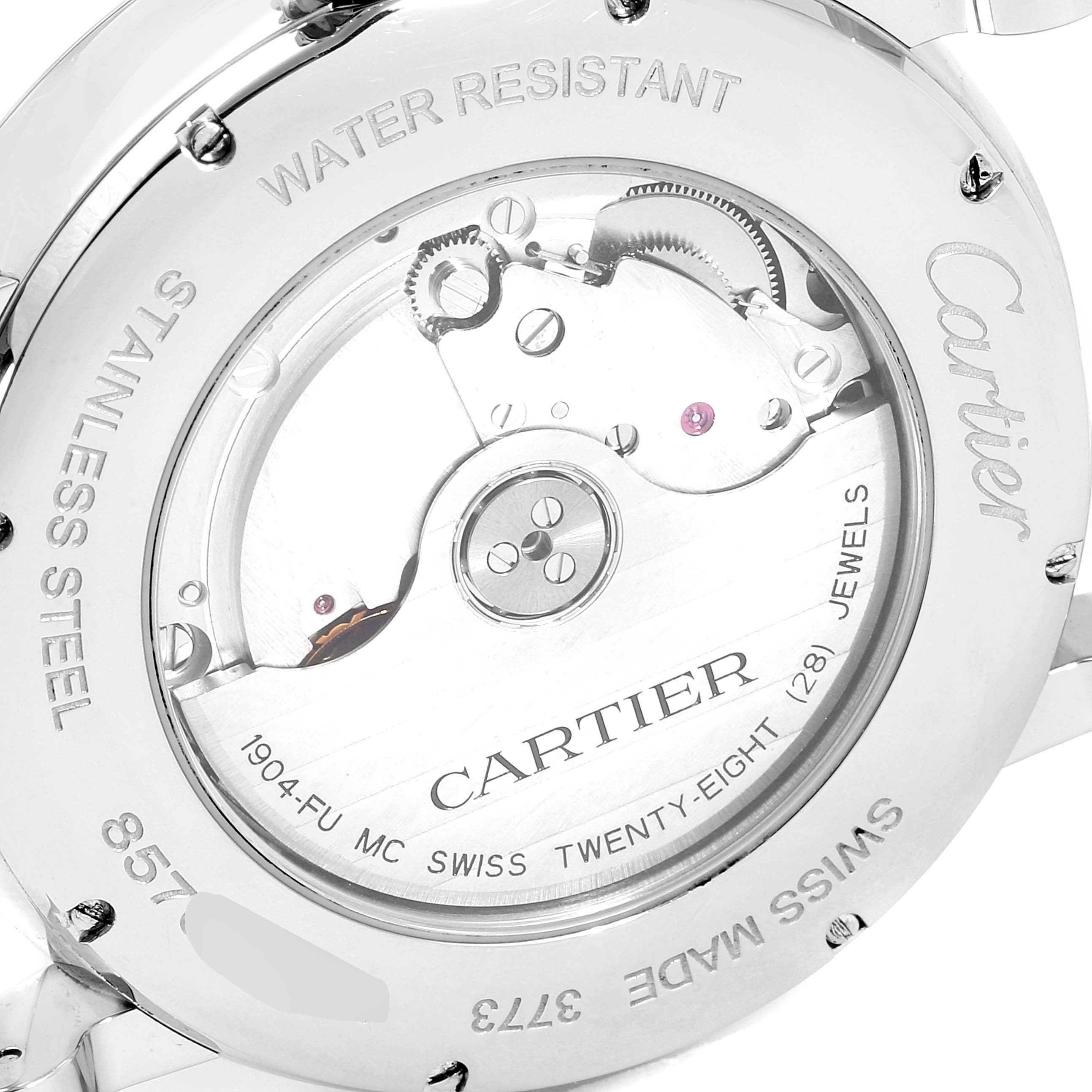 This is a rear view of the Cartier Rotonde W1556368 Men's Stainless Steel Silver Dial W1556368 Men's Stainless Steel Silver Dial watch, showing its internal movement and case back details.