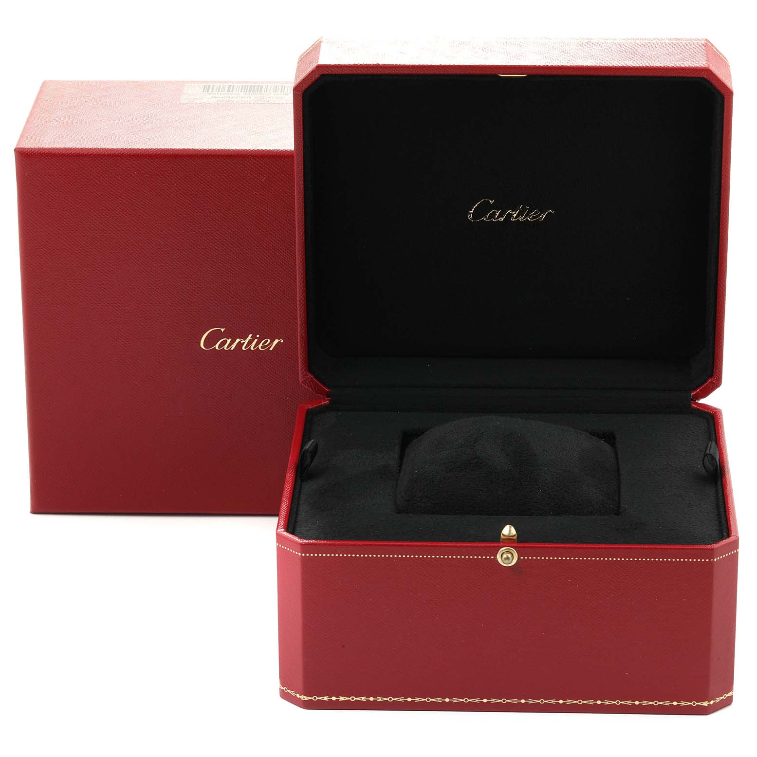 The image shows the open packaging box for a Rotonde model by Cartier, displaying the inner cushion but not the watch itself.