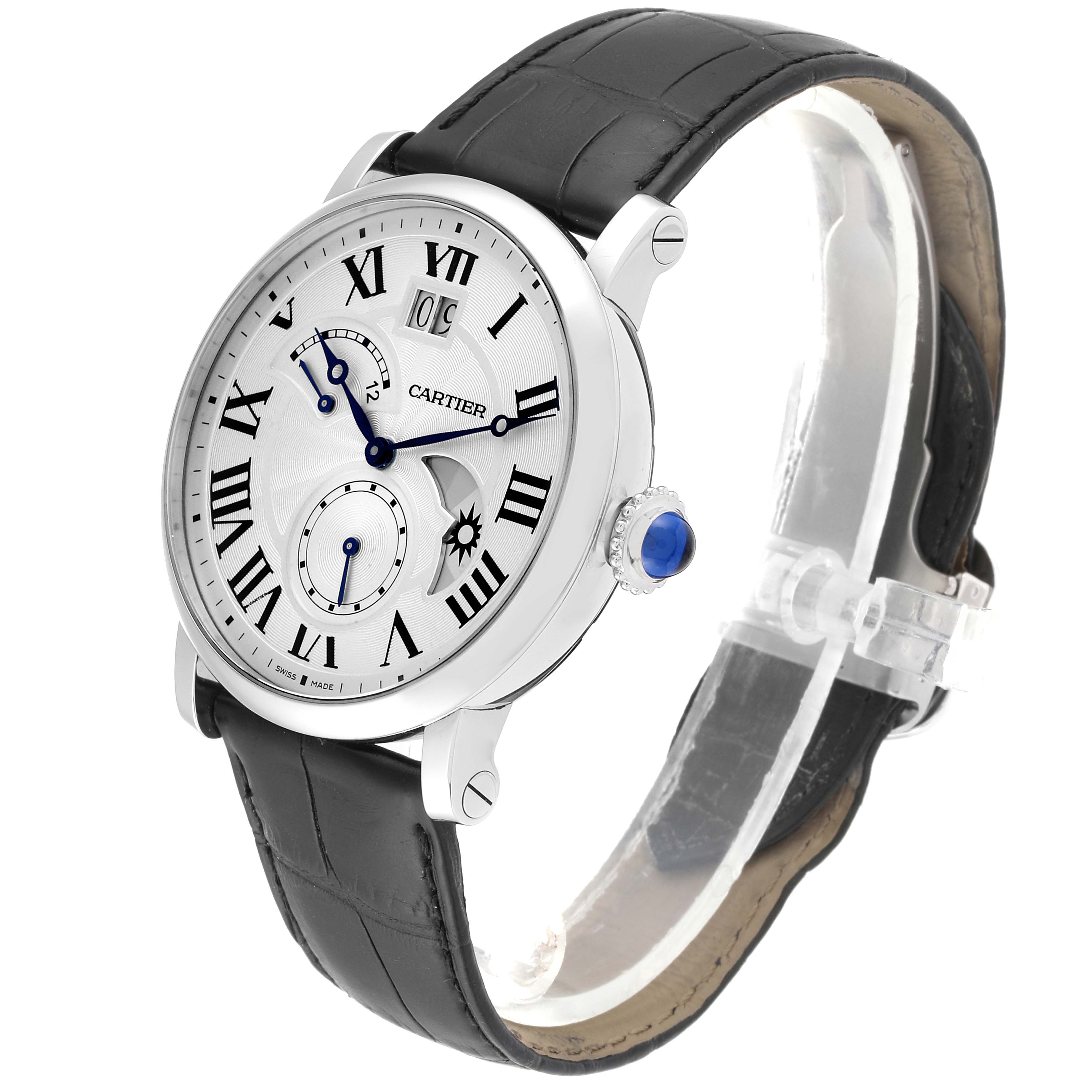 The Rotonde model by Cartier is shown at a three-quarter angle, highlighting its face, black leather strap, and distinctive crown.