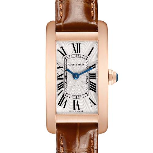 The Cartier Tank Américaine watch is shown from a front angle, highlighting the rectangular case, brown leather strap, and Roman numeral dial.