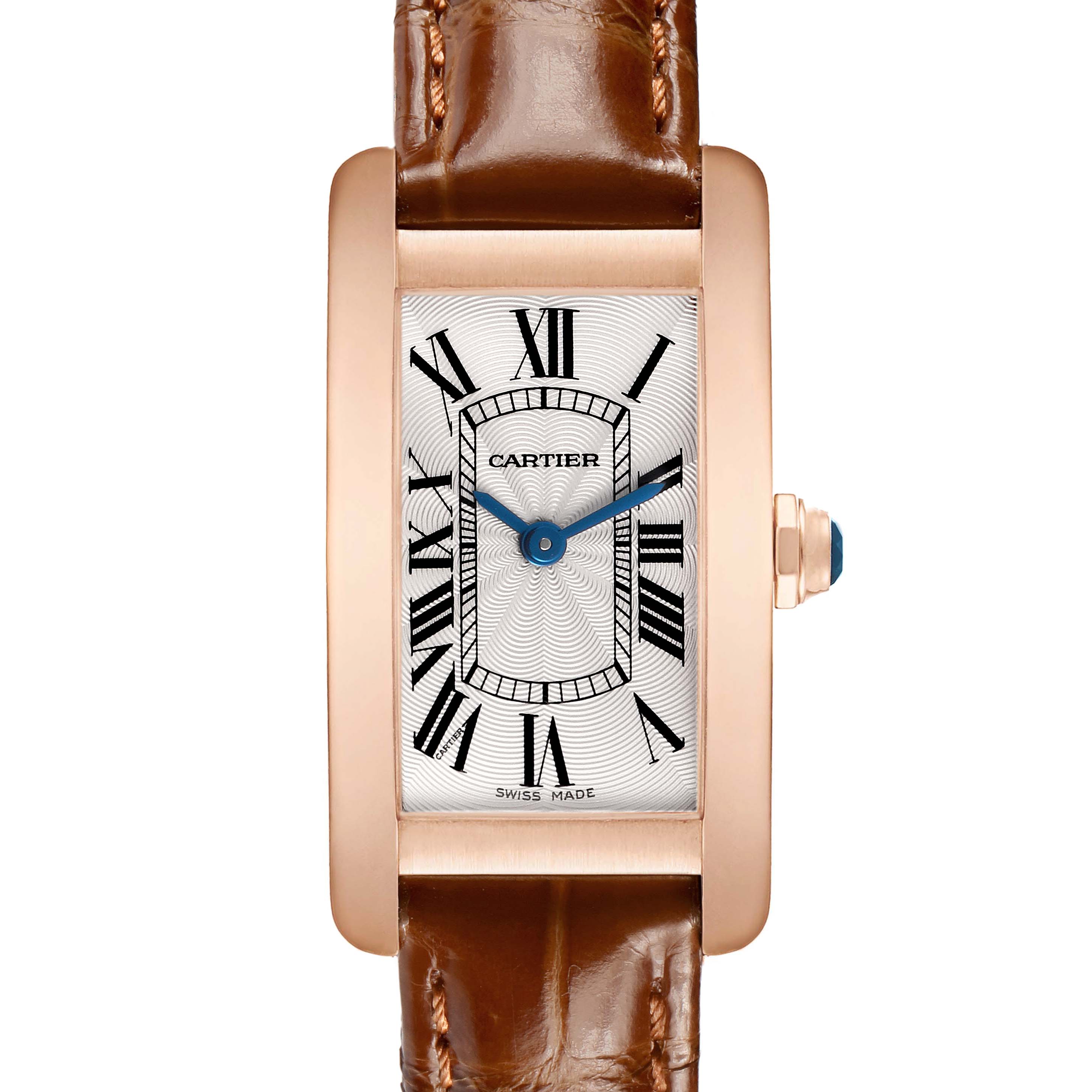 The Cartier Tank Américaine watch is shown from a front angle, displaying its rectangular face, Roman numerals, and leather strap.