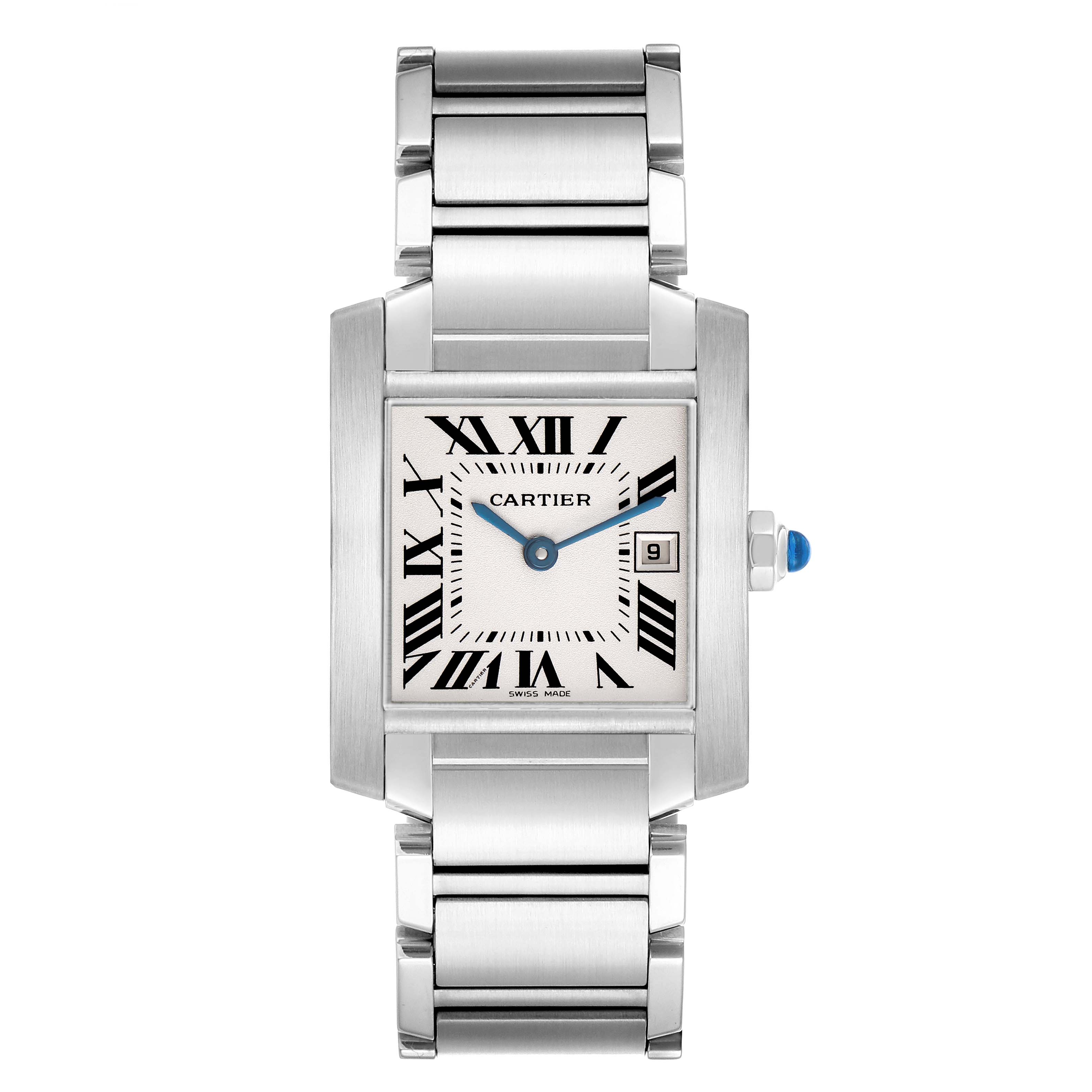 The Cartier Tank Française watch is shown from the front, displaying the face, case, bracelet, and crown.