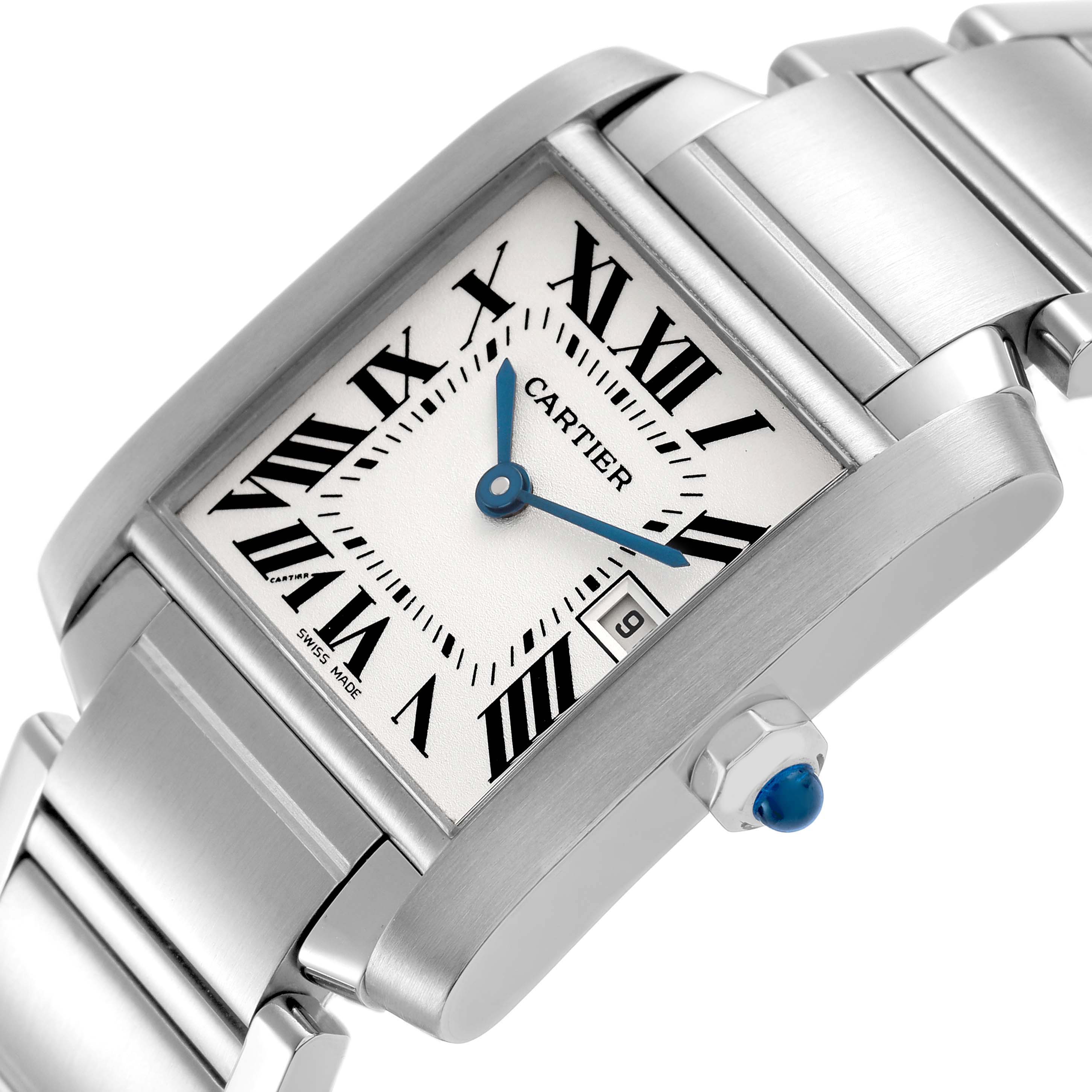 The Cartier Tank Française watch is shown at an angled view, displaying the face, Roman numerals, hands, date window, and part of the bracelet.