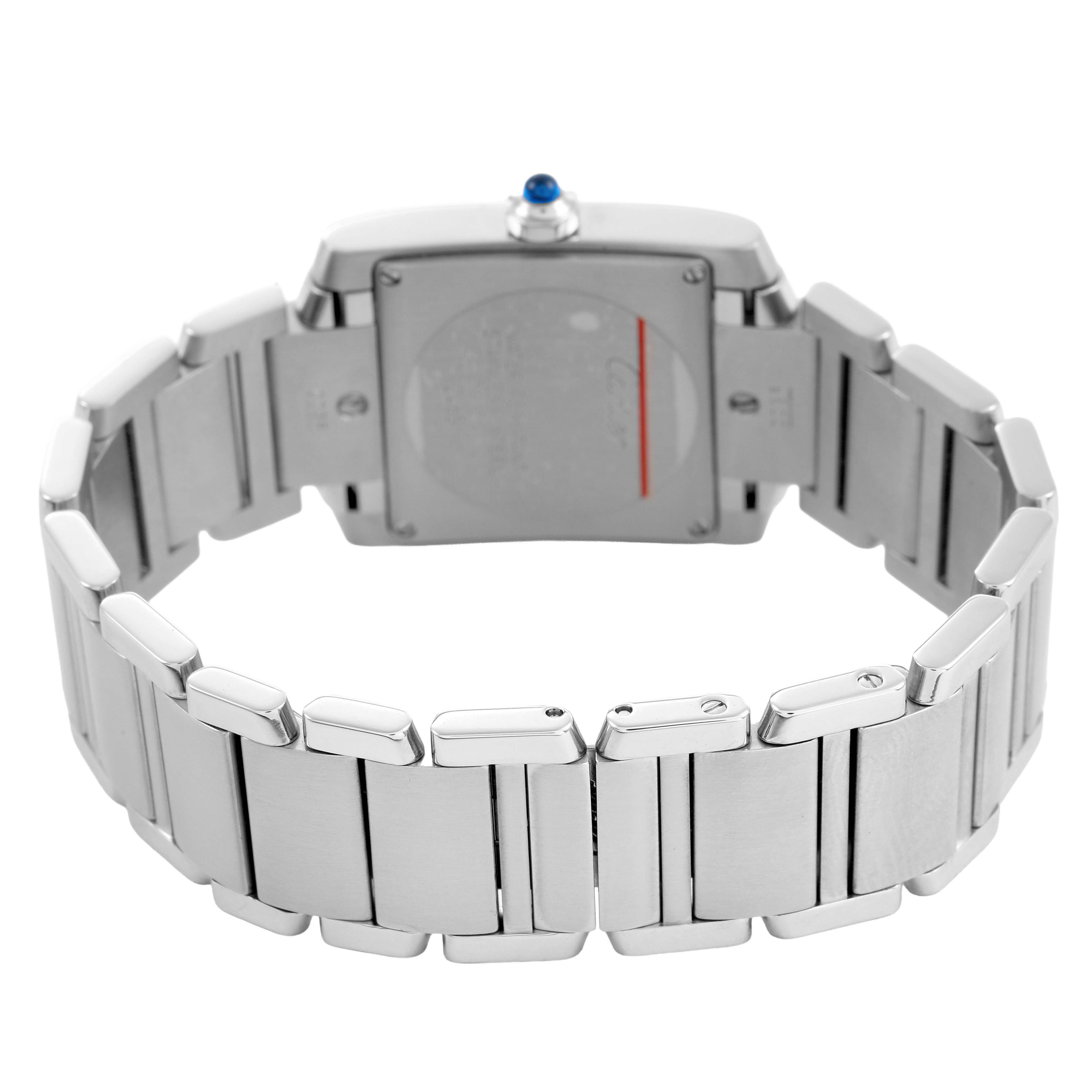 The Cartier Tank Française watch is shown from the back, highlighting its bracelet and case, with the crown visible.