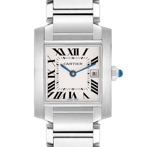 The Cartier Tank Francaise W51011Q3 Women's Stainless Steel Silver Dial watch is shown from the front, highlighting its face, bracelet, and crown.