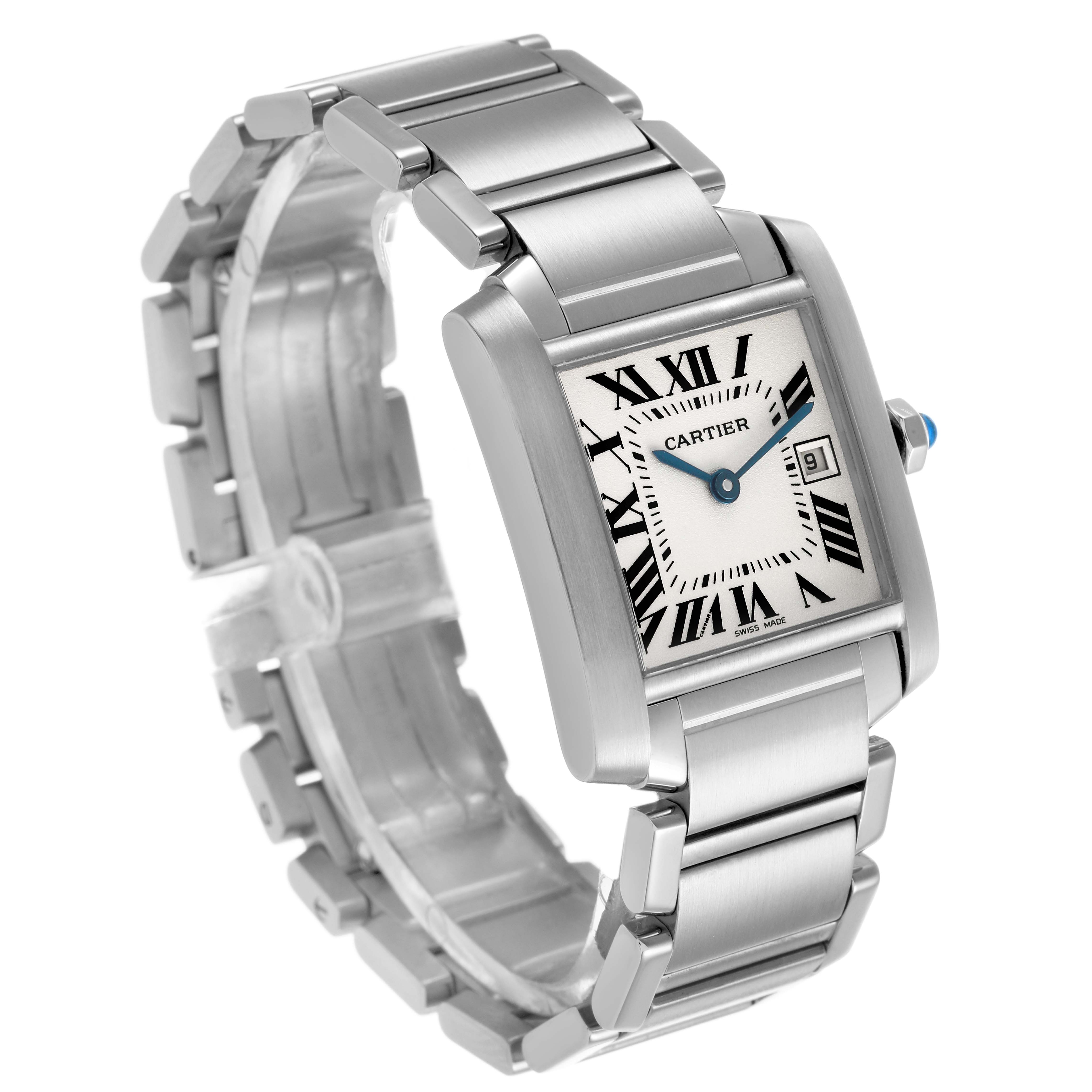 The Cartier Tank Française watch is shown at a three-quarter angle, featuring its face, bracelet, and side profile.