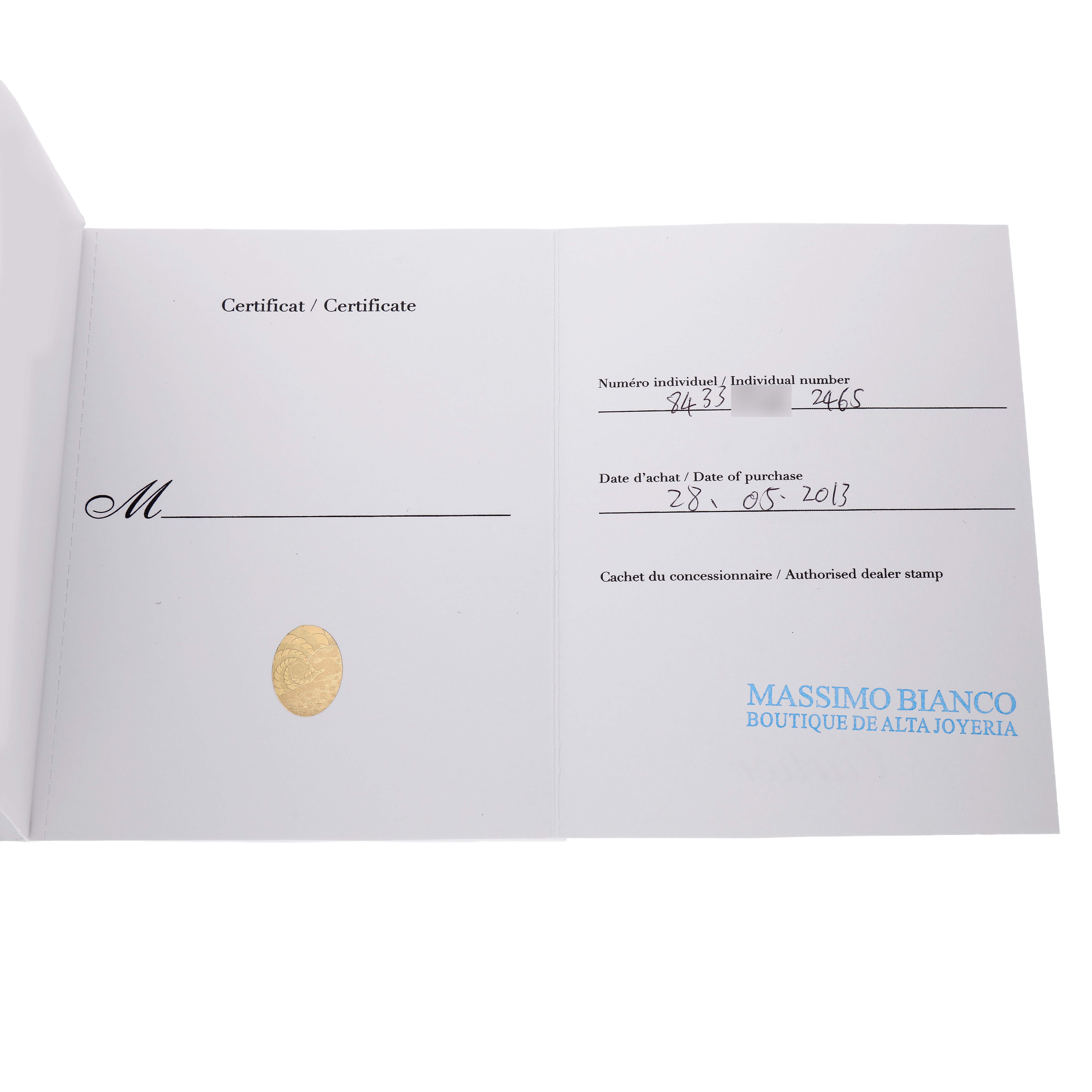The image shows an open certificate booklet including details for a Cartier Tank Francaise W51011Q3 Women's Stainless Steel Silver Dial watch.