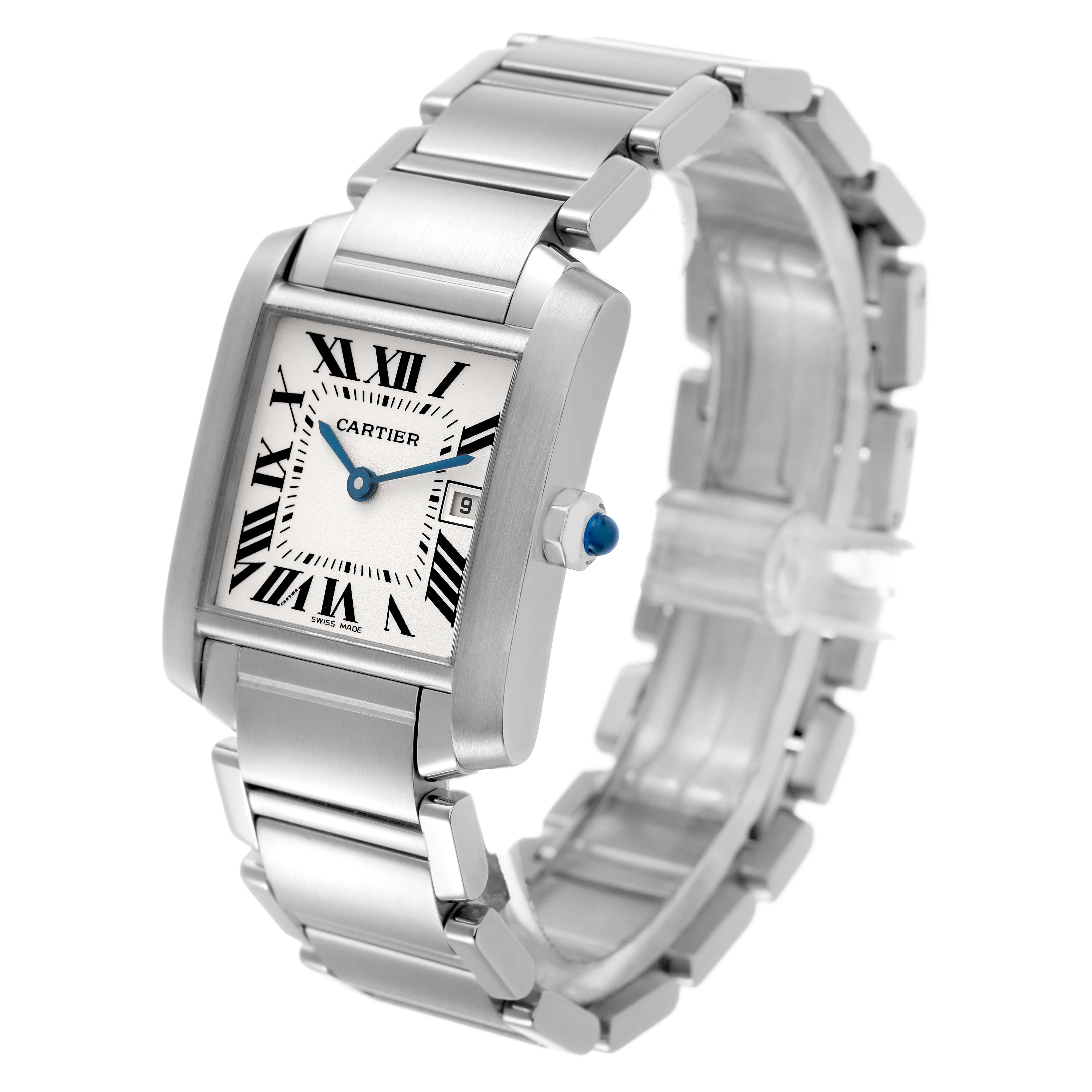 The Cartier Tank Française watch is shown at a three-quarter view, highlighting its face, bracelet, and crown.