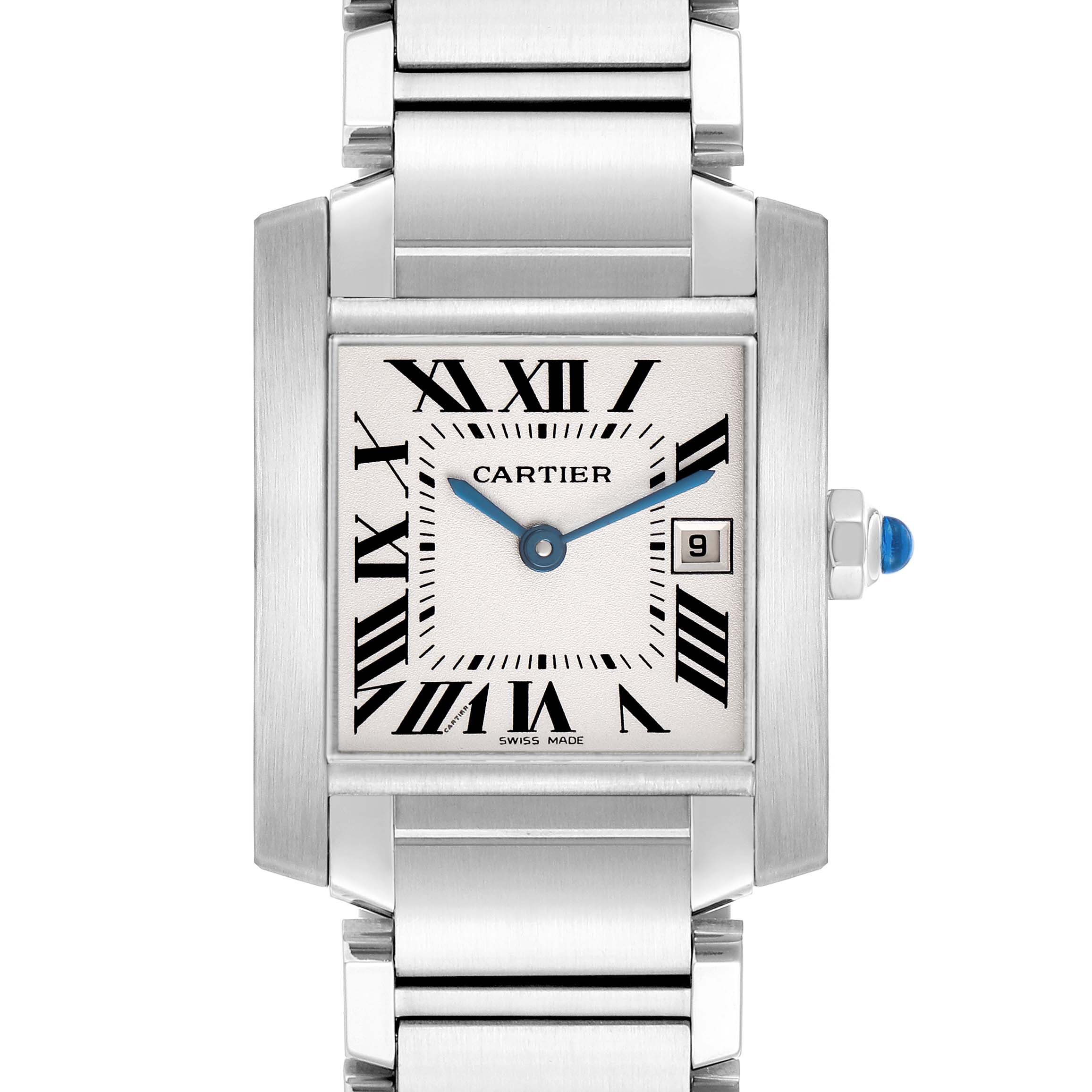 The Cartier Tank Française watch is shown front-facing, highlighting its square face, Roman numerals, and metal bracelet.