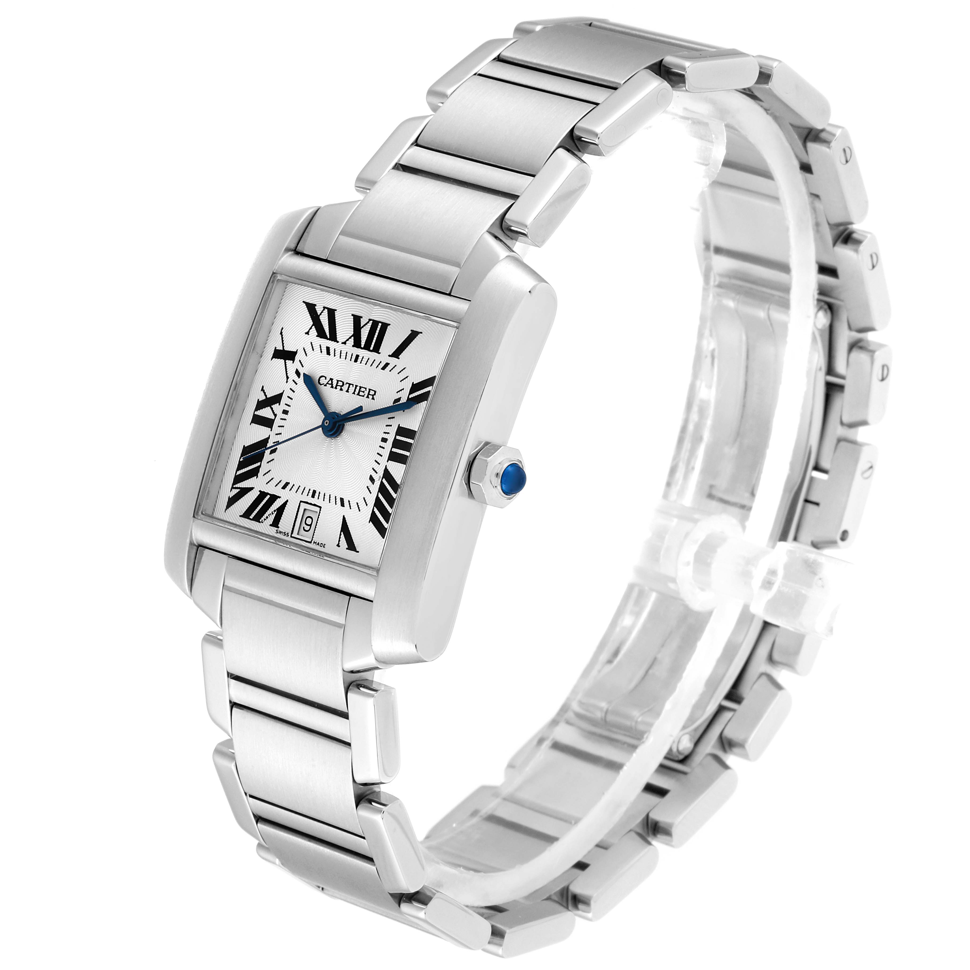 The Cartier Tank Francaise W51002Q3 Men's Stainless Steel Silver Dial W51002Q3 Men's Stainless Steel Silver Dial watch is shown at an angled view, displaying the face, bezel, and metal bracelet.