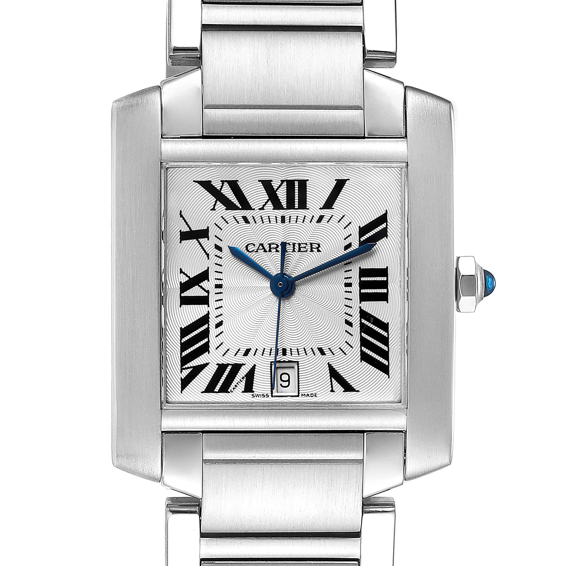 The image shows a front-facing view of the Cartier Tank Francaise W51002Q3 Men's Stainless Steel Silver Dial W51002Q3 Men's Stainless Steel Silver Dial watch, highlighting its dial, case, and part of the bracelet.