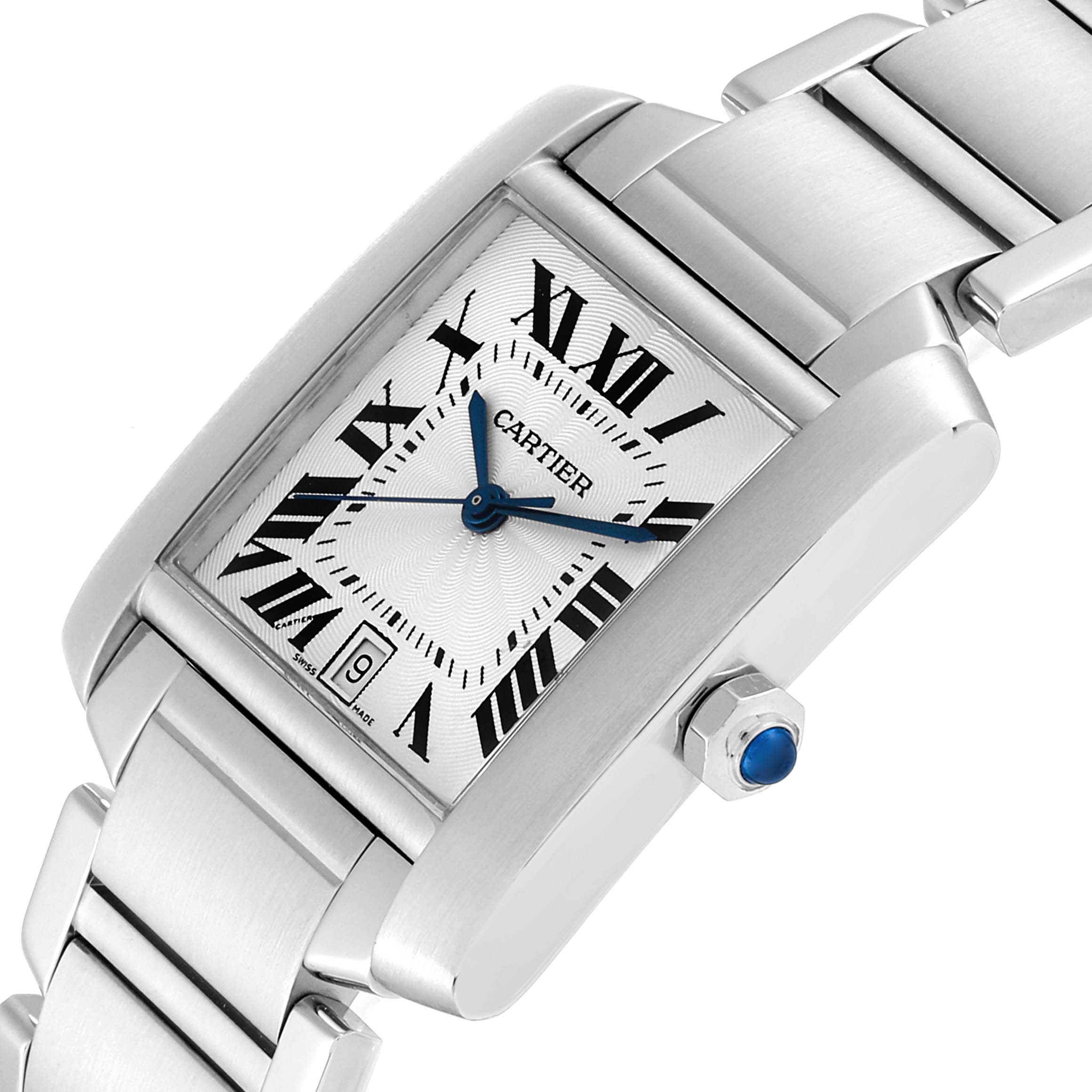 This image shows a slightly angled close-up of the dial, case, crown, and part of the bracelet of the Cartier Tank Française watch.