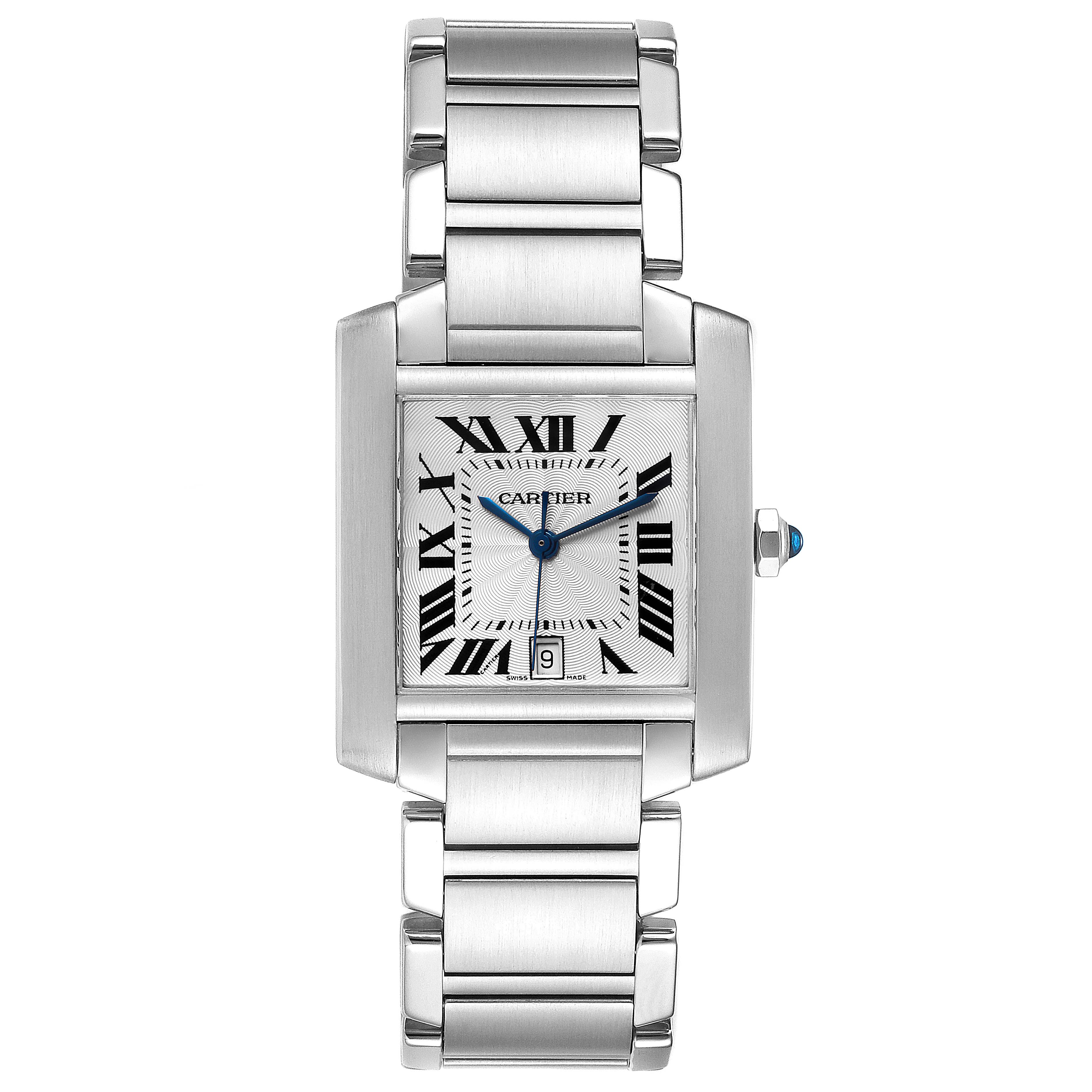 This image shows a front angle view of the Cartier Tank Francaise W51002Q3 Men's Stainless Steel Silver Dial W51002Q3 Men's Stainless Steel Silver Dial watch, featuring its rectangular face and metal bracelet.