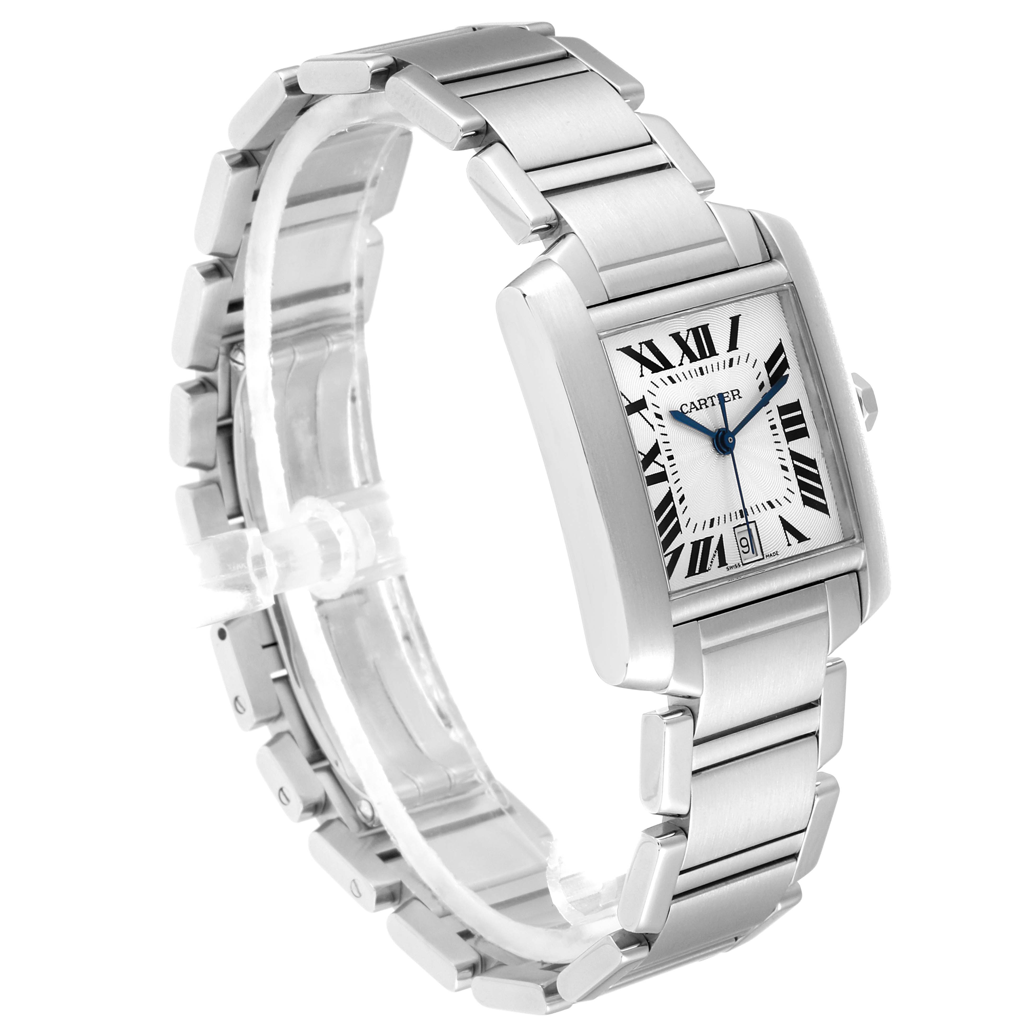 The image shows a side angle of a Cartier Tank Francaise W51002Q3 Men's Stainless Steel Silver Dial W51002Q3 Men's Stainless Steel Silver Dial watch, highlighting its rectangular face and metal bracelet.