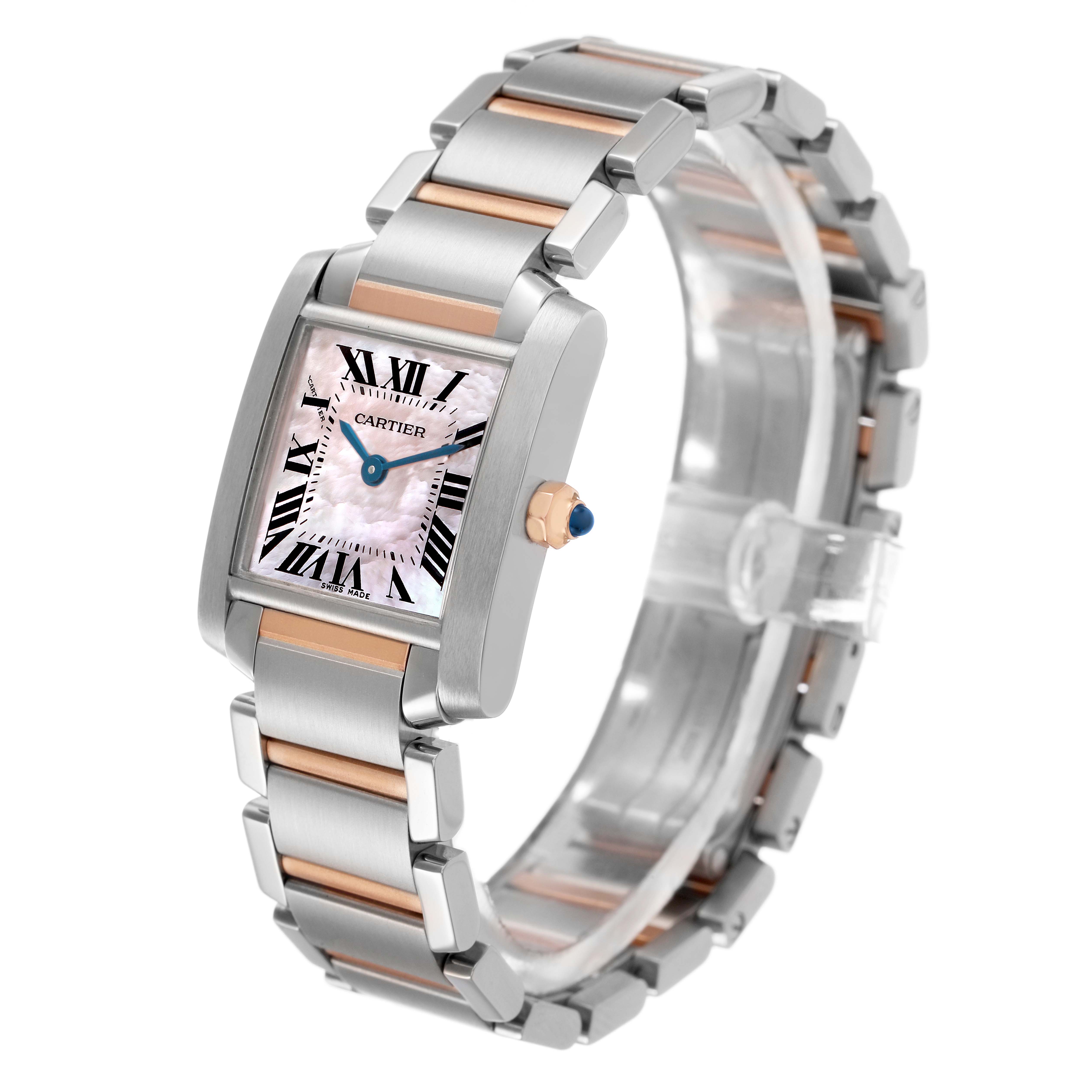 The Cartier Tank Francaise W51027Q4 Women's Steel and Gold (two tone) Mother of Pearl Dial watch is shown at an angled view highlighting its rectangular face, bracelet, and iconic blue cabochon crown.