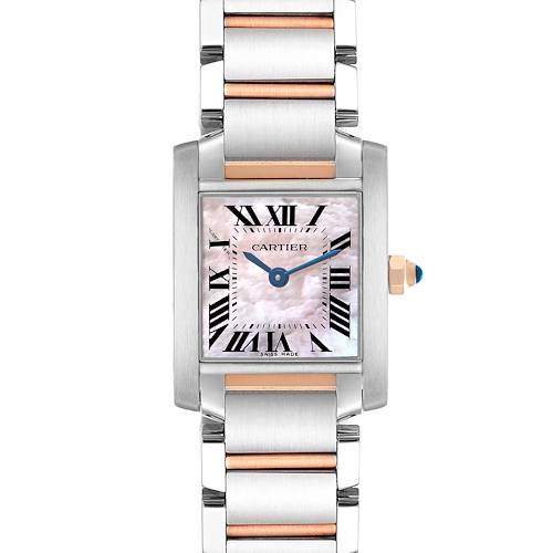 The Cartier Tank Française is shown from a top angle, highlighting the dial, case, and bracelet.