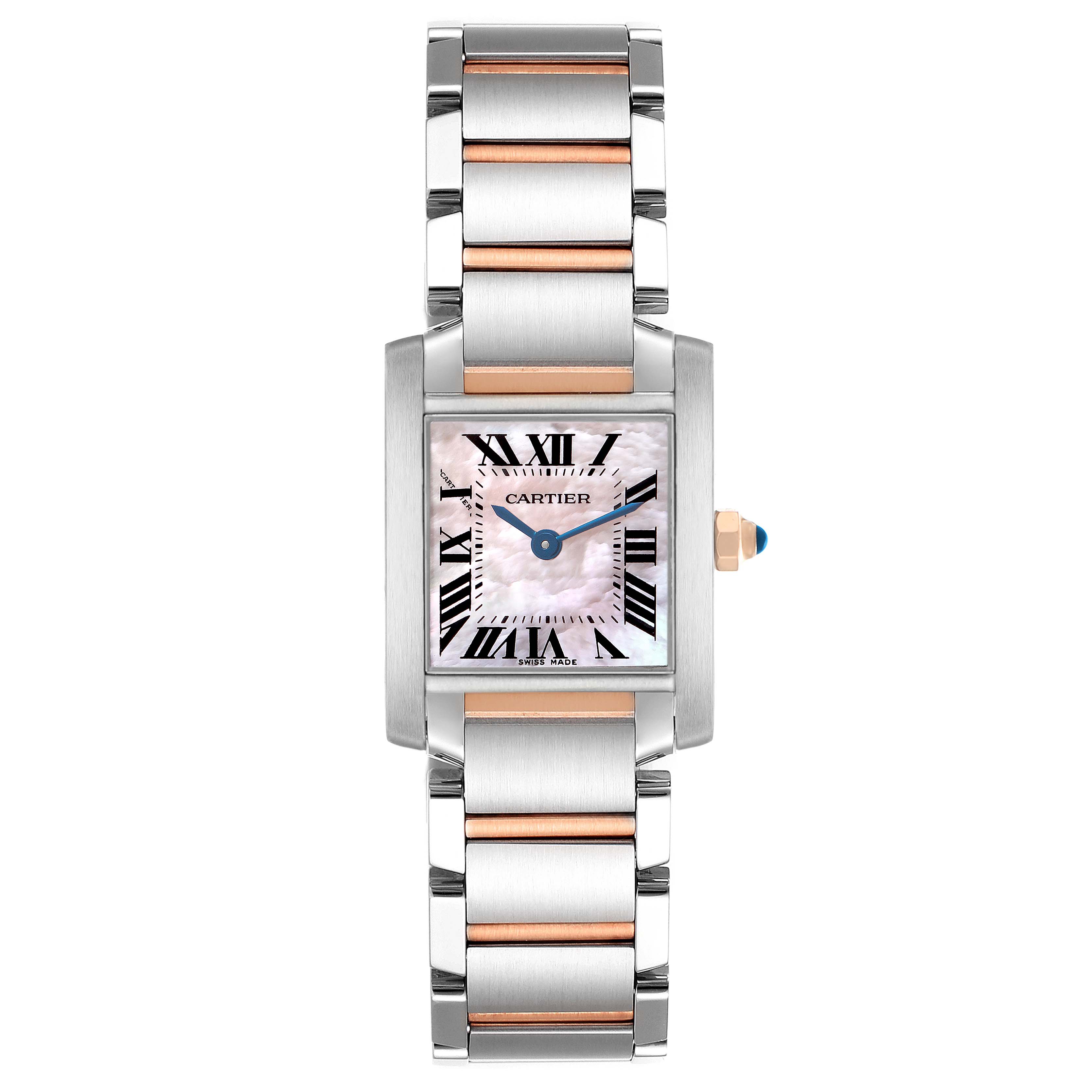 The Cartier Tank Francaise W51027Q4 Women's Steel and Gold (two tone) Mother of Pearl Dial watch is shown from a front angle, highlighting its face, Roman numerals, and two-tone metal bracelet.