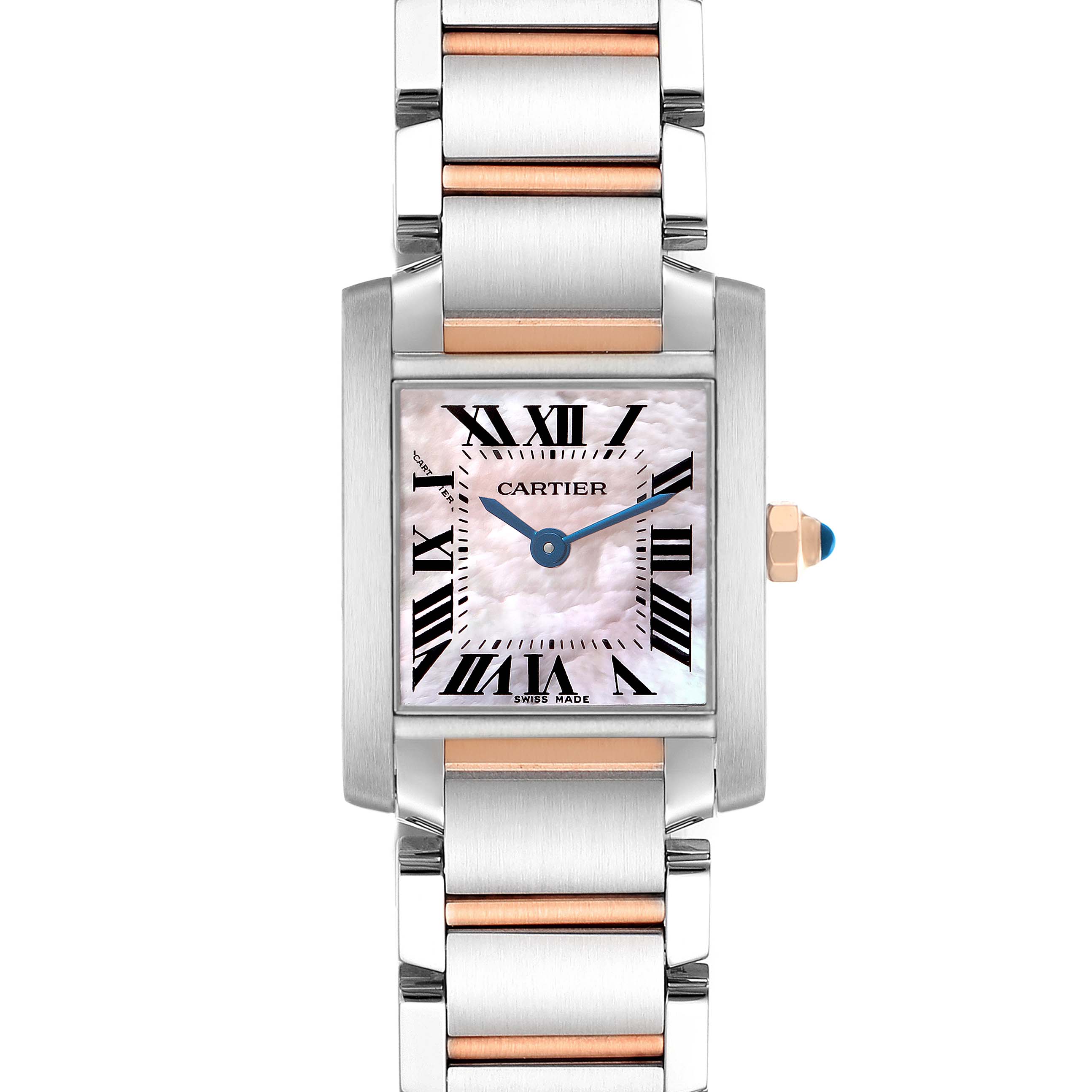 The Cartier Tank Francaise W51027Q4 Women's Steel and Gold (two tone) Mother of Pearl Dial watch is shown from the front, displaying the dial, case, and bracelet prominently.