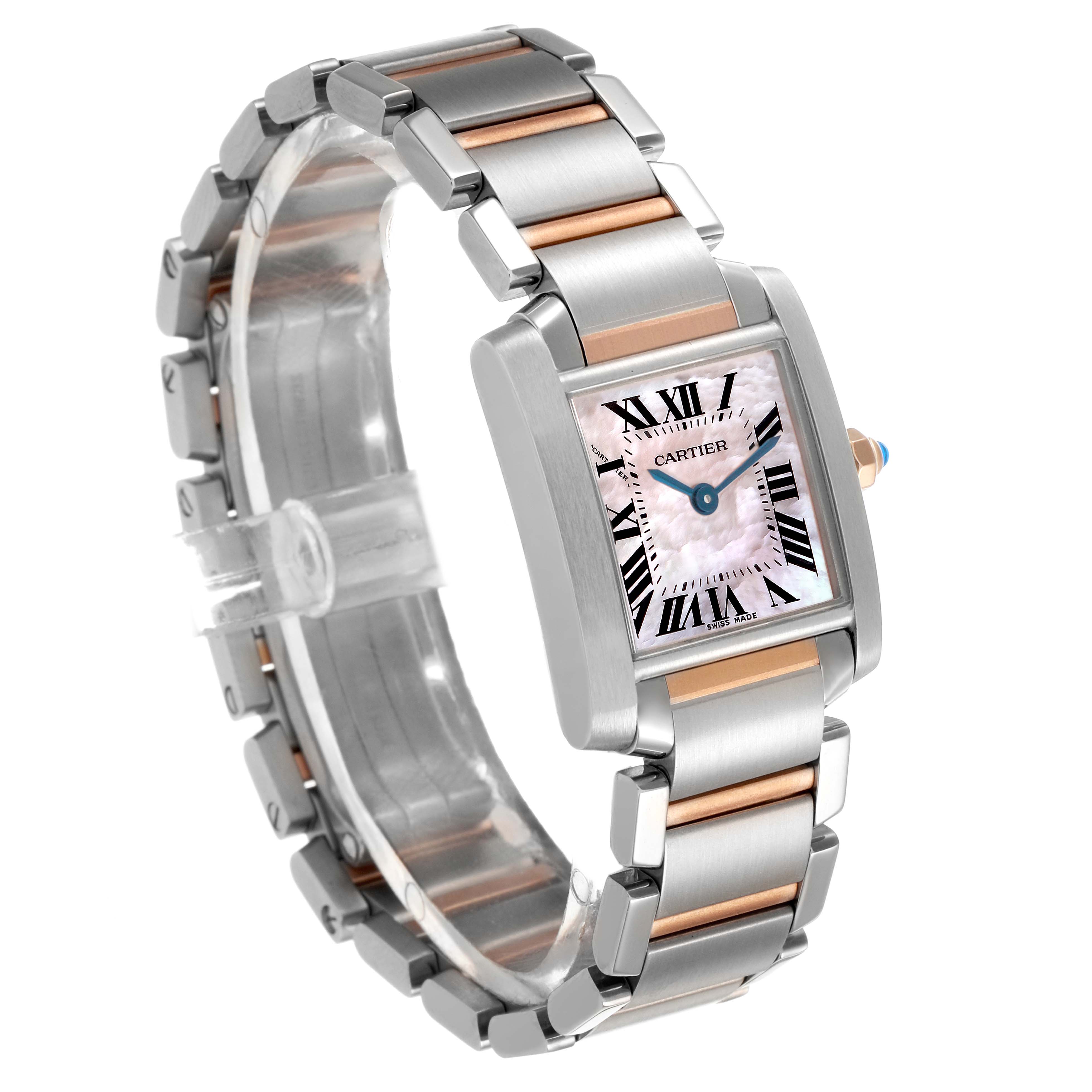 The Cartier Tank Française watch is shown at a three-quarter angle, displaying the bracelet and face with Roman numerals.